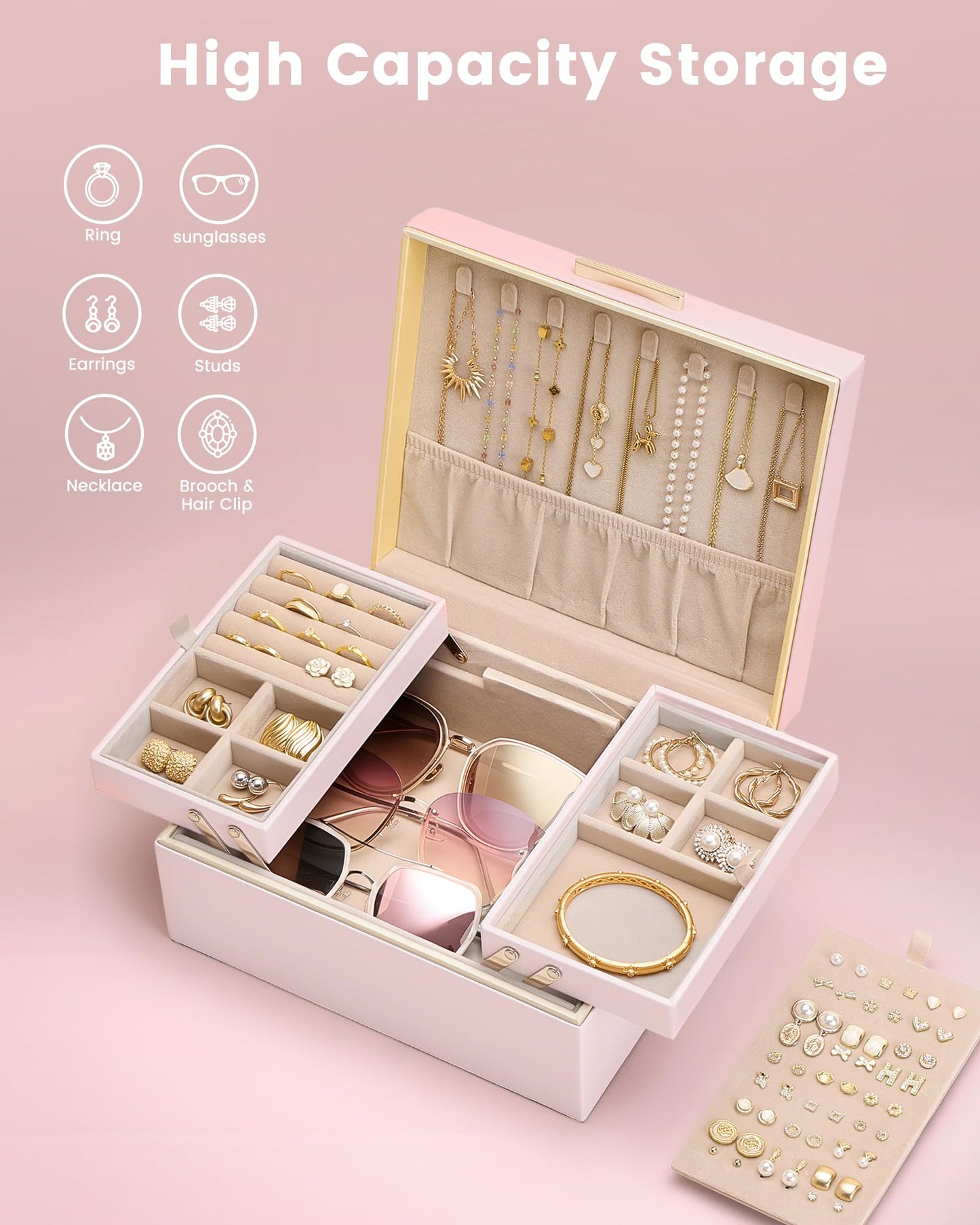 Lolalet Jewelry Box Organizer for Women Girls, 2 Layer Jewelry Organizers and Storage for Necklace Earrings Rings Bracelets, Large Jewellery Holder Case Birthday Valentine Gifts -Pink