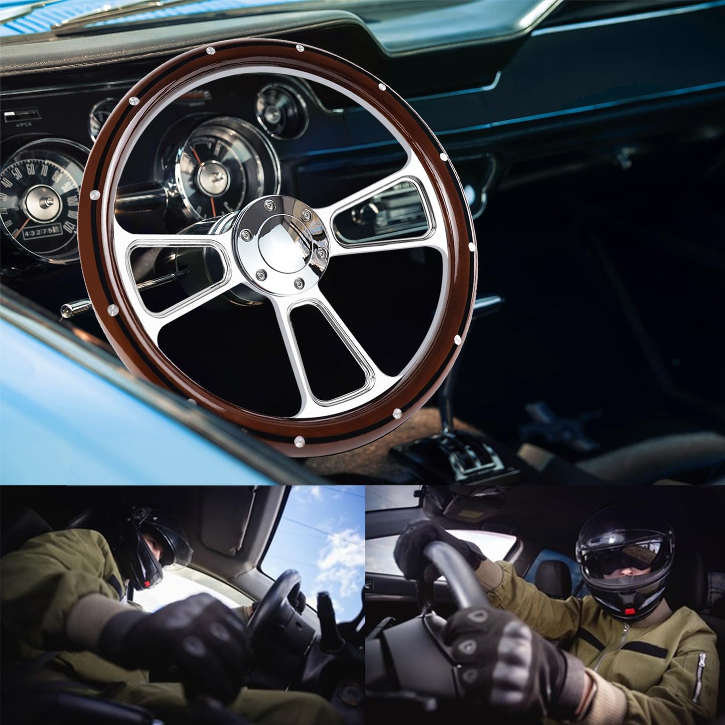QYMOPAY Universal Racing Steering Wheel 14 Inch 6 Bolt Silver Aluminum 3 Spoke Muscle Style Steering Wheel with Horn Button for Racing/Rally/Motor sports Rivet