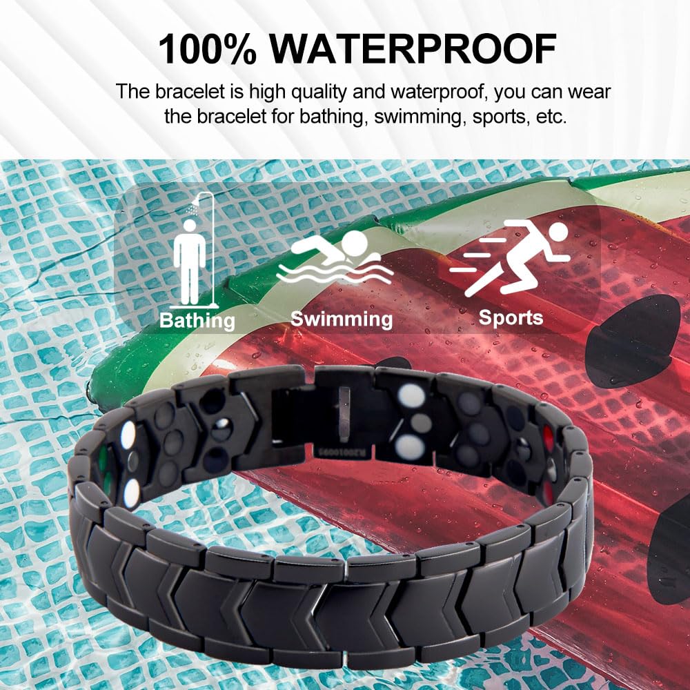 KYOSI 3X Magnetic Bracelets for Men Three rows Energy Stainless Steel Bracelet Magnet Link Mens Christmas Gift Jewelry (Black, 8.66 inches)