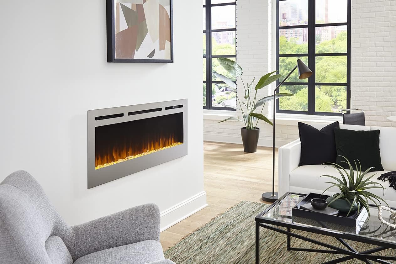 Touchstone Sideline Deluxe -Stainless Steel Smart Electric Fireplace- 60" Wide- Alexa/WiFi-Enabled- in Wall Recessed- 5 Flame Settings- 9 Flame Colors- 1,500W Heater- Log & Crystal Options- 86277