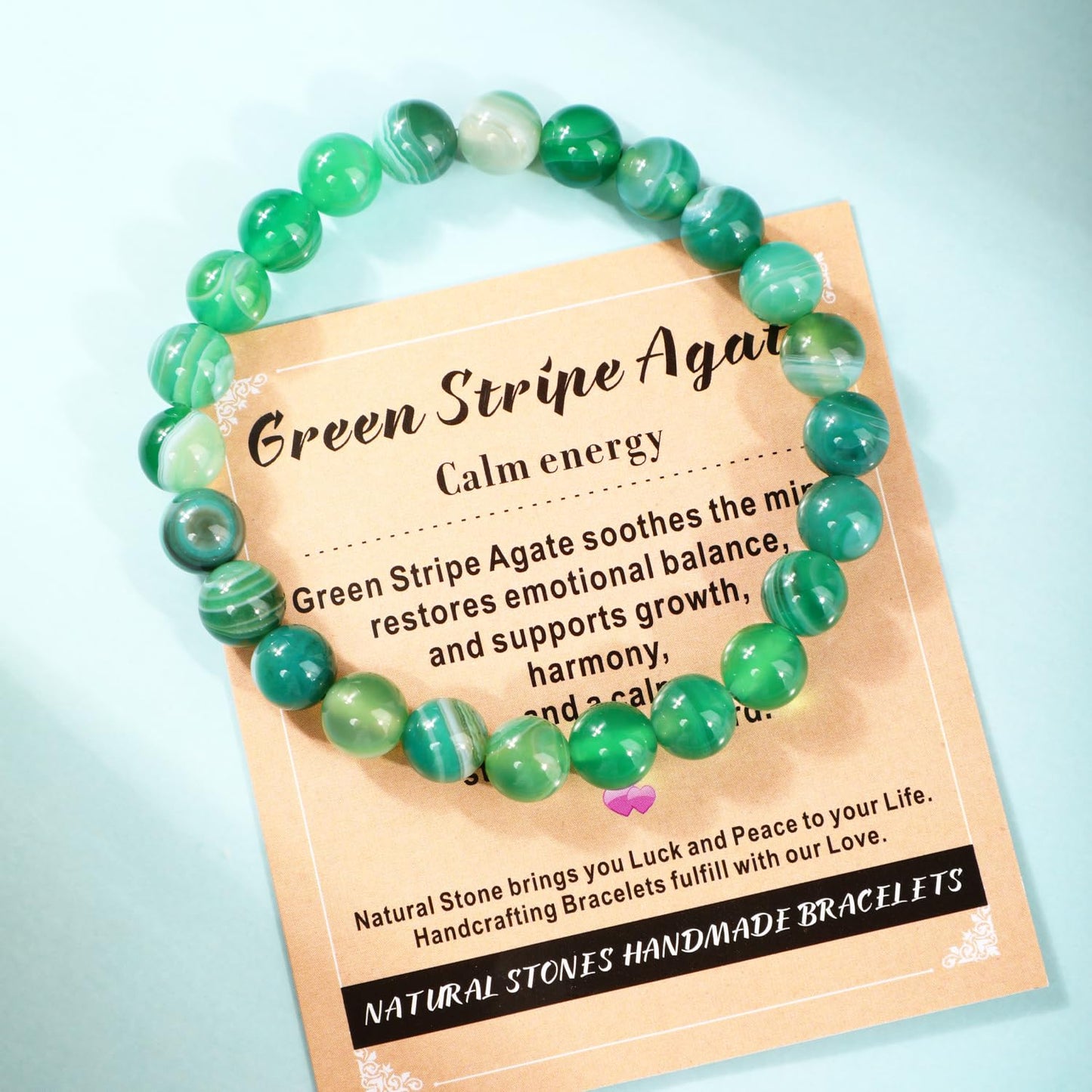 AD Beads 6mm Handmade Green Stripe Agate Elastic Bracelet – Natural Gemstone for Calm energy – Meditation, Yoga, Healing and Energy Gift for Men Women