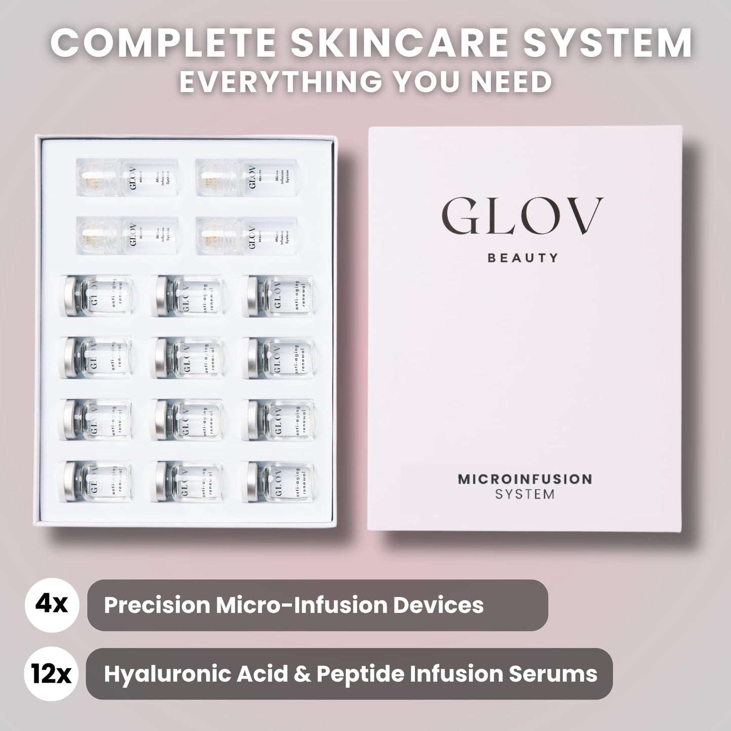 Glov Beauty Micro Infusion System for Face & Lips – 0.25mm 24k Gold Cosmetic Facial Stamp with Hyaluronic Acid, Collagen Peptides & Licorice Root Serum Ampoules (4x Infusion Application, 12x Serums)