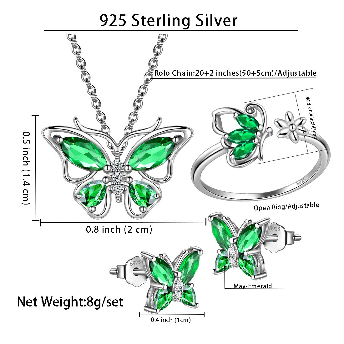 Hipunk Butterfly Green Jewelry Sets Birthstone Women 925 Sterling Silver May-Emerald Birth Stone Animal Butterflies Jewelry Sets/Earring/Ring Set Crystal Birthday Jewelry SS0002G