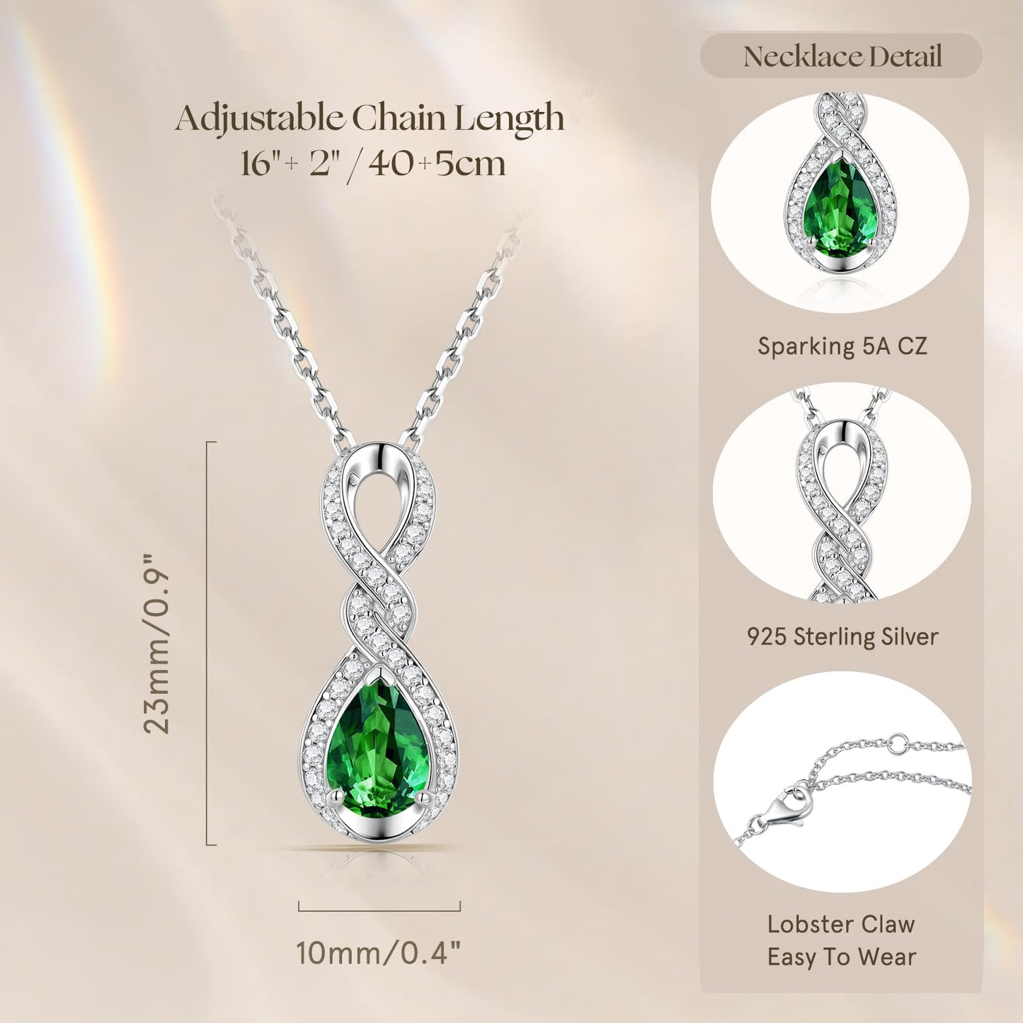 FANCIME Emerald Necklace May Birthstone Sterling Silver Dainty Infinity Knot Pendant Necklace Green Gemstone Fine Jewelry Anniversary Birthday Graduation Mothers Day Gifts for Women Mom