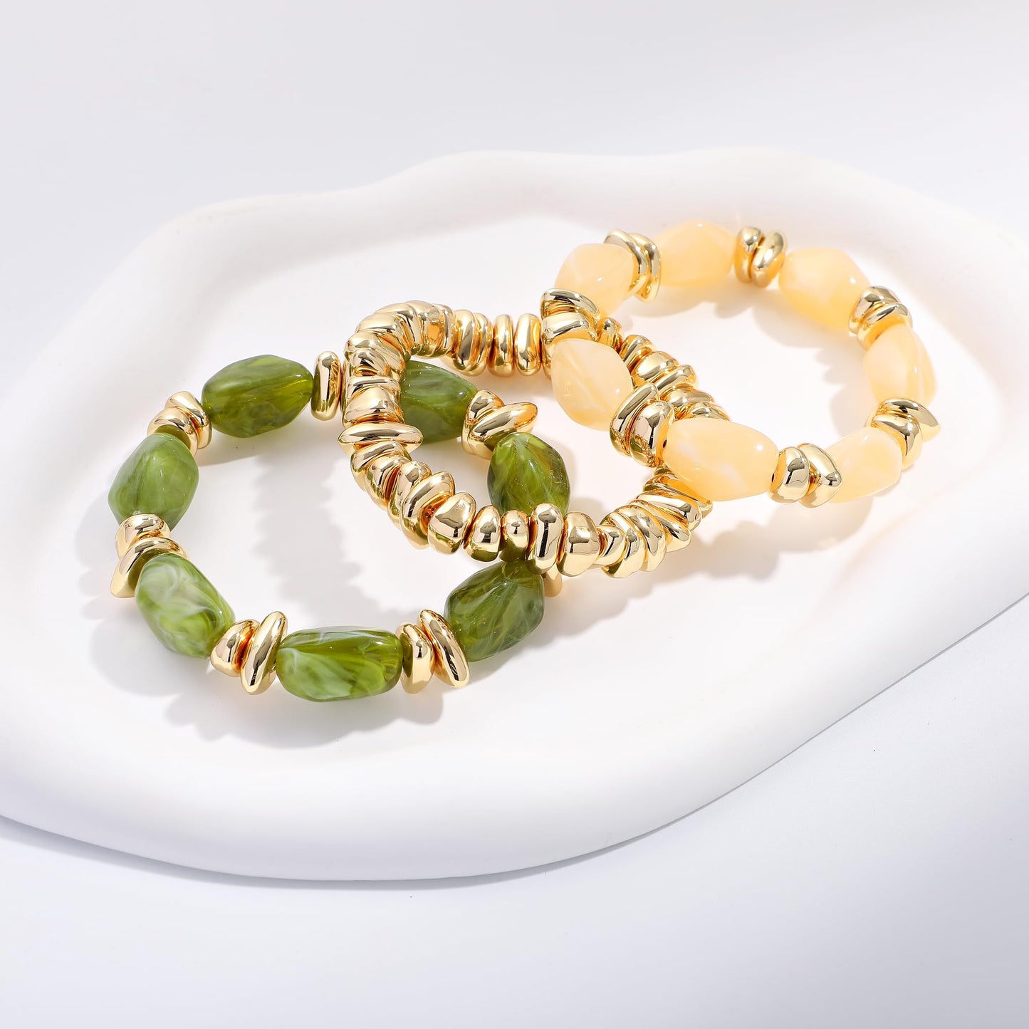 Sajidos Gold Plated Beaded Bracelets for Women Trendy, 14K Gold Plated Stack Cross Pearl Gold Plated Bead Stretch Bracelets Set Elastic Hypoallergenic Bracelets Jewelry Gifts (style13-beigreen)