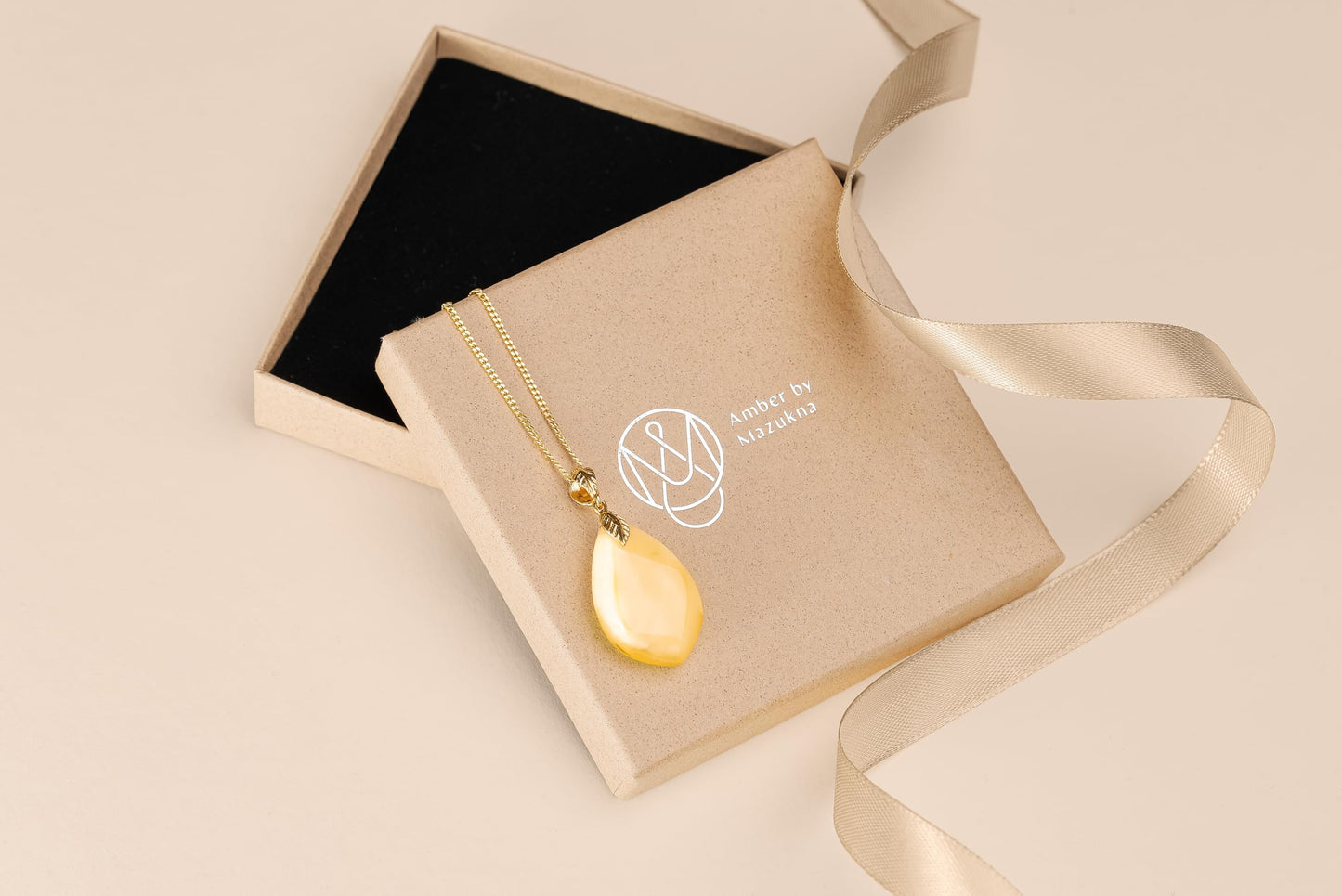 Amber by Mazukna Natural Baltic Amber Pendant for Women, Cognac Drop Necklace with Gold-Plated Sterling Silver Chain, Lightweight 18-inch Jewelry Gift for Everyday Elegance (Yellow Flame)