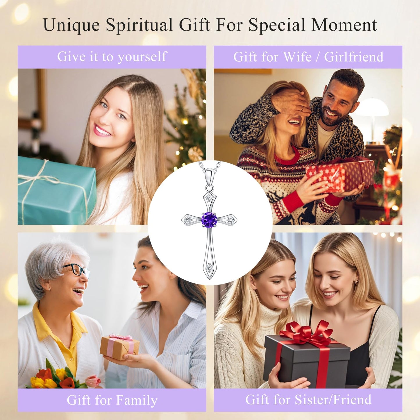 QUALISE Cross Necklace for Women,925 Sterling Silver February Birthstone Necklace Cross Pendant 5A CZ 12 Birth Months Birthstone Amethyst Jewelry Birthday Gifts for Her Wife Mom