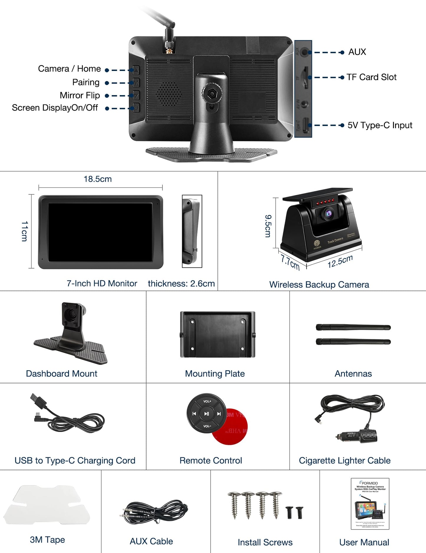 PORMIDO Wireless Backup Camera for RV: 7" Portable Touchscreen with Apple CarPlay/Android Auto - 10000mAh Solar Magnetic HD 1080P Rear View System for Large Vehicle Truck Trailer Camper Pickup Reverse