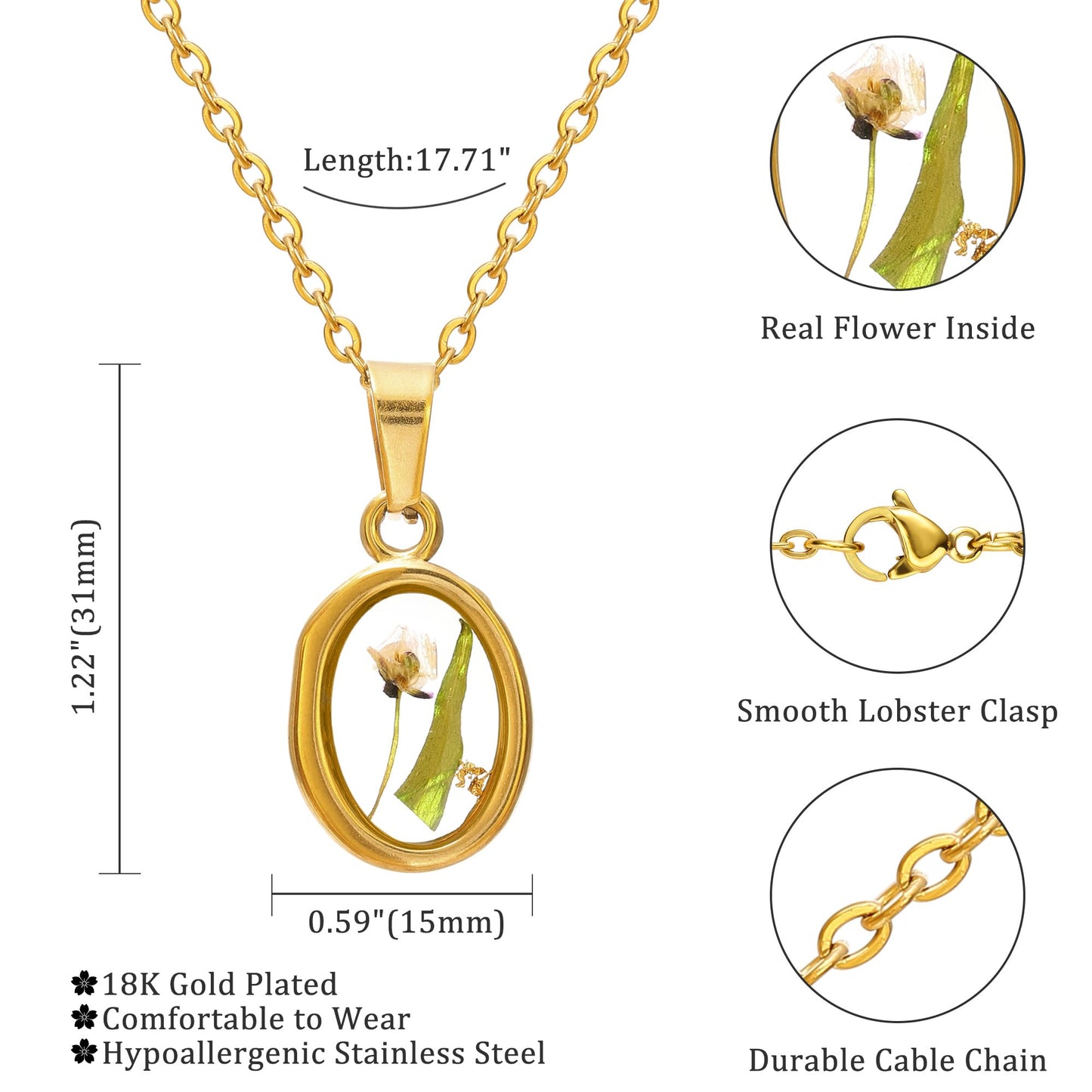 LETFLY Birth Flower Necklaces for Women, 18K Gold Plated Oval Shaped Handmade Floral Pendant, Pressed Flower Necklace Jewelry Gifts Hope