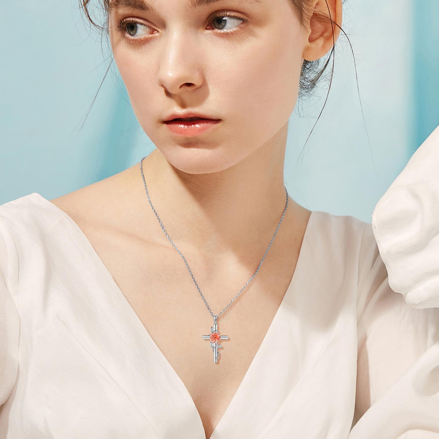 JERWLI Carnation Necklace 925 Sterling Silver Carnation Cross Necklace January Birth Flower Jewelry for Women