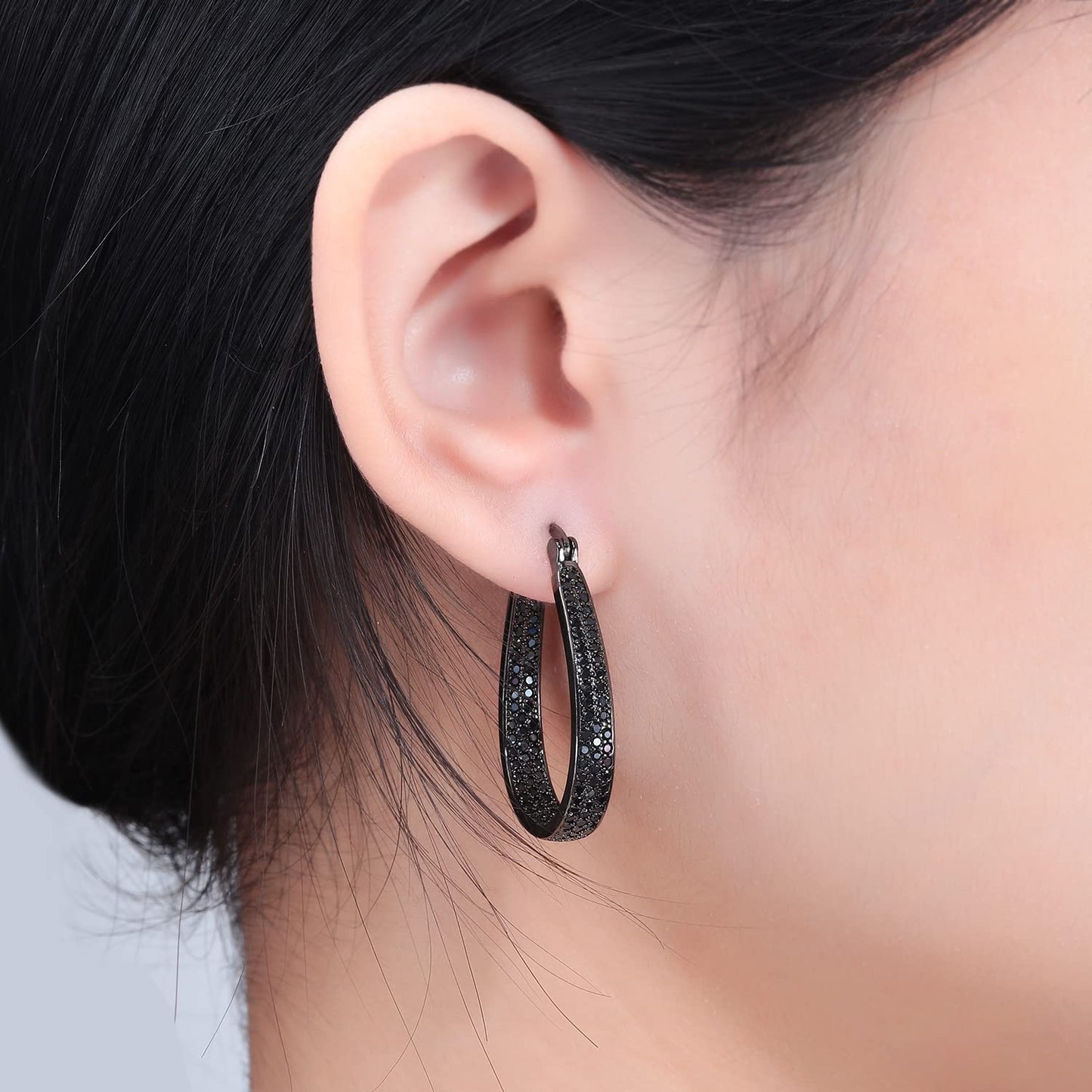 CiNily Black Gold Plated Big Cubic Zirconia Hoop Earrings for Women 925 Sterling Silver Post Large Oval Chunky Gemstone Hoop Earrings