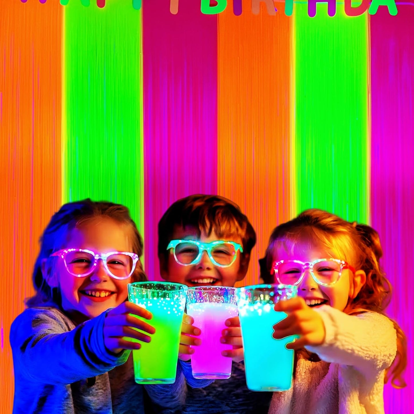Aduck Glow in The Dark Party Supplies, Neon Party Decorations Foil Fringe Curtains with Tinsel Backdrop(2-Pack), Fluorescent Yellow/Orange/Pink Streamers for Photo Booth Birthday Decorations-6.6x6.6ft