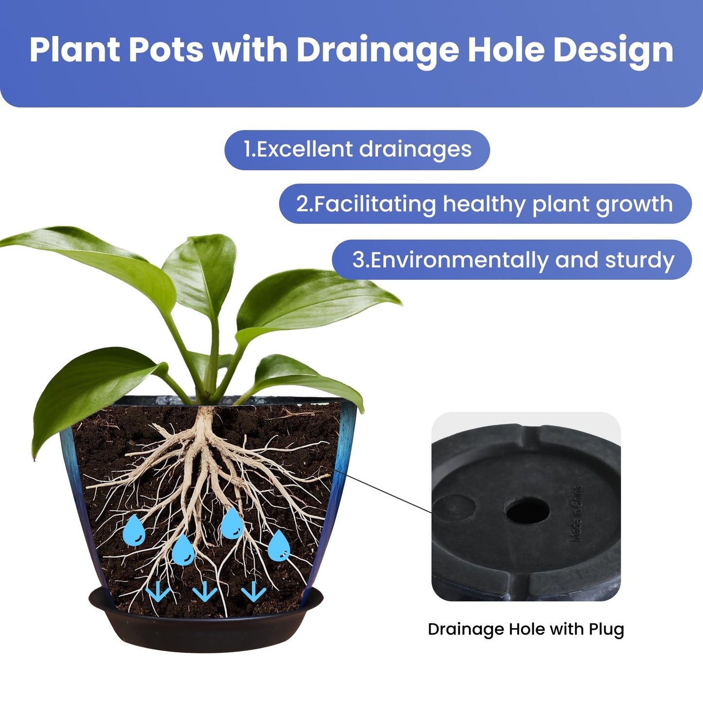 LESOASIS 8 inch Plant Pots with Drainage Holes, Pack of 4 Plastic Flower Pots Indoor, Modern Glossy Finishing Planter for Indoor Outdoor Plants (Blue Glaze, 4 Pack)