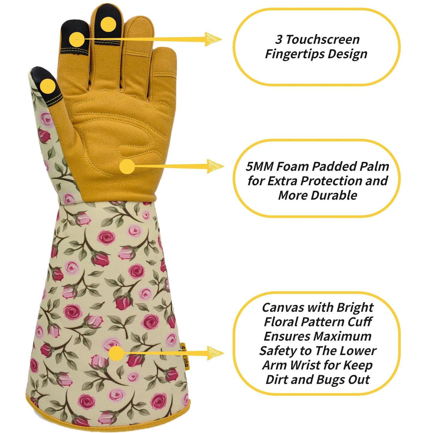 SAVJOB Gardening Garden Gloves,Synthetic Leather Thorn Proof Yard Work Gloves with Touchscreen,Gifts for Women,Yellow,Medium
