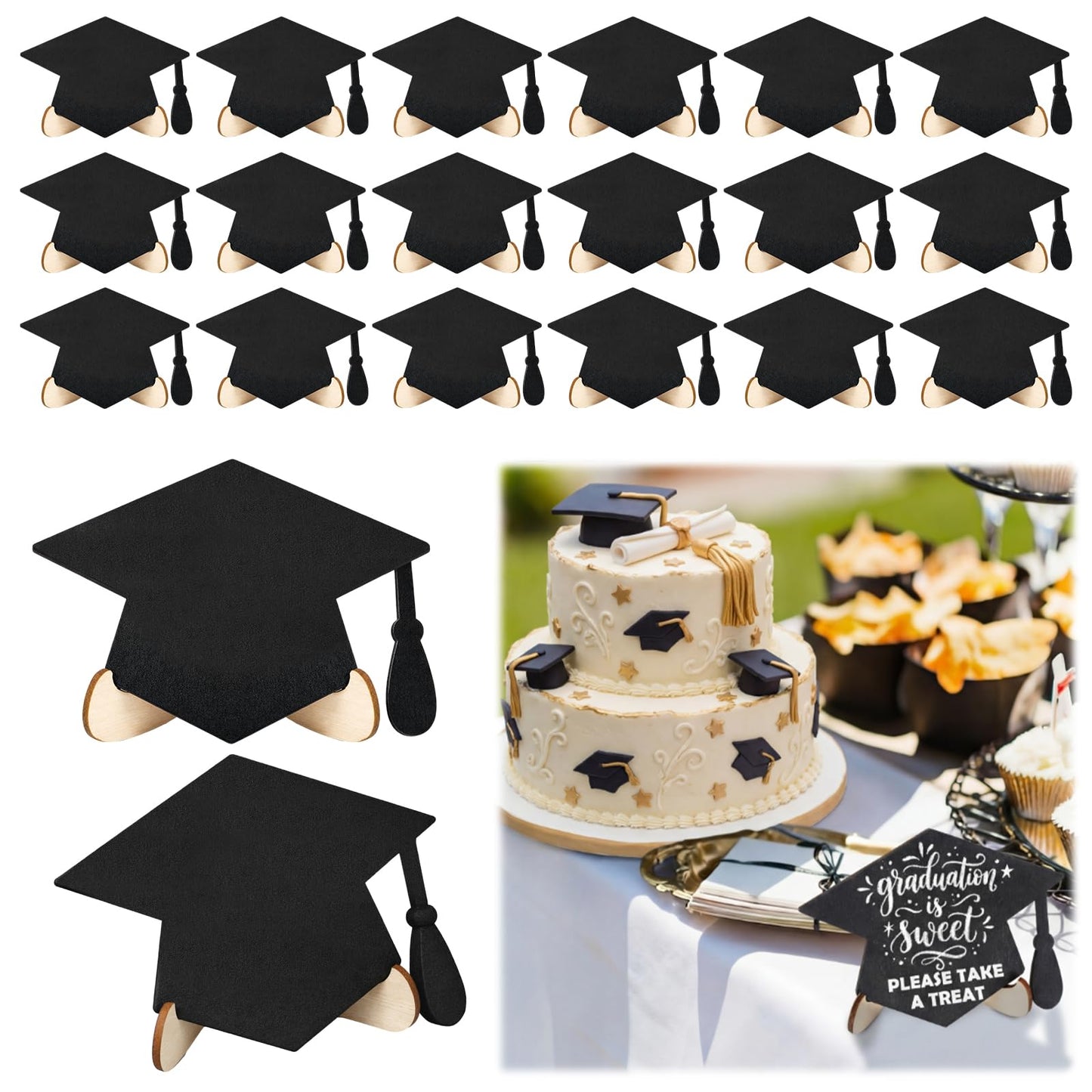 Eaasty 20 Pcs Mini Chalkboard Signs Graduation Party Food Labels for Party Buffet with Stand Wooden Erasable Reusable Blackboard Food Catering Supplies Display for Graduation Table Setting Name