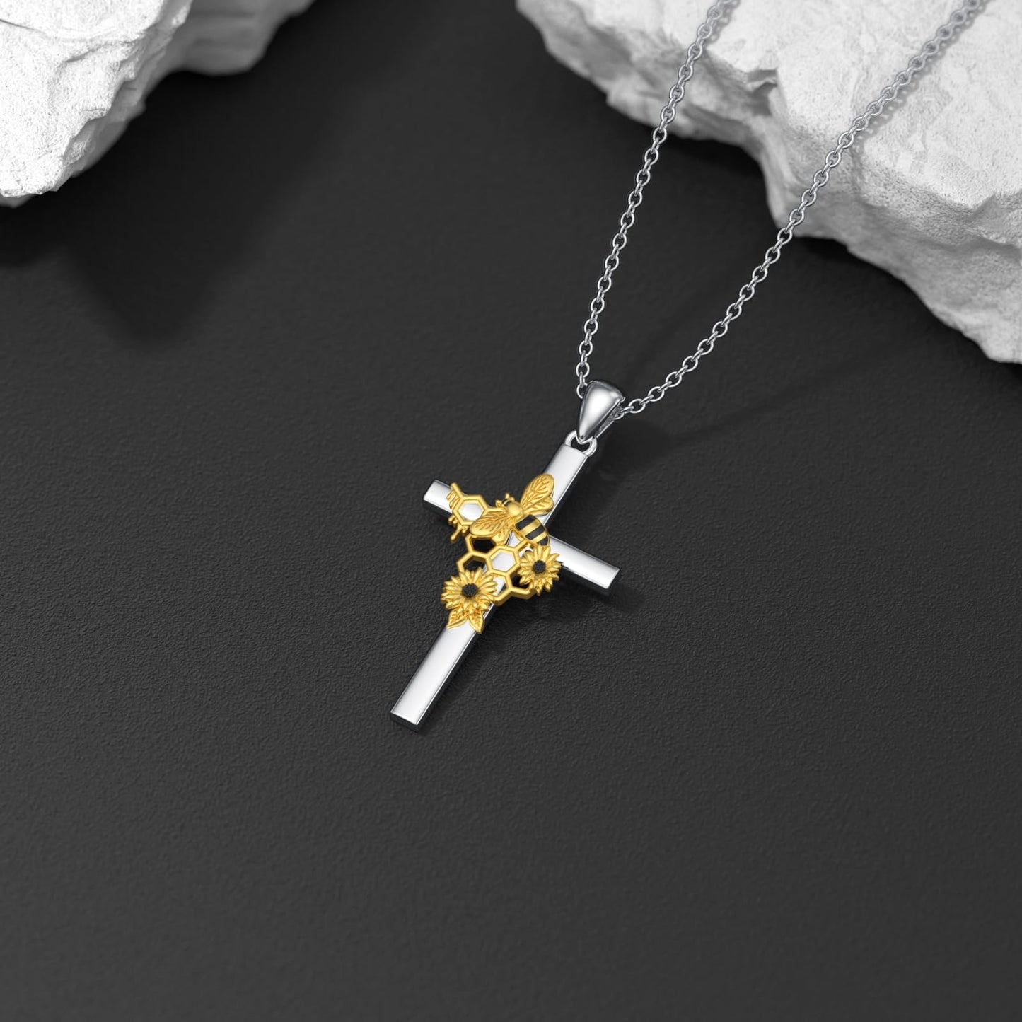 Flpruy Bumble Bee Cross Necklace 925 Sterling Silver Honeycomb Bee Jewelry Gifts for Women