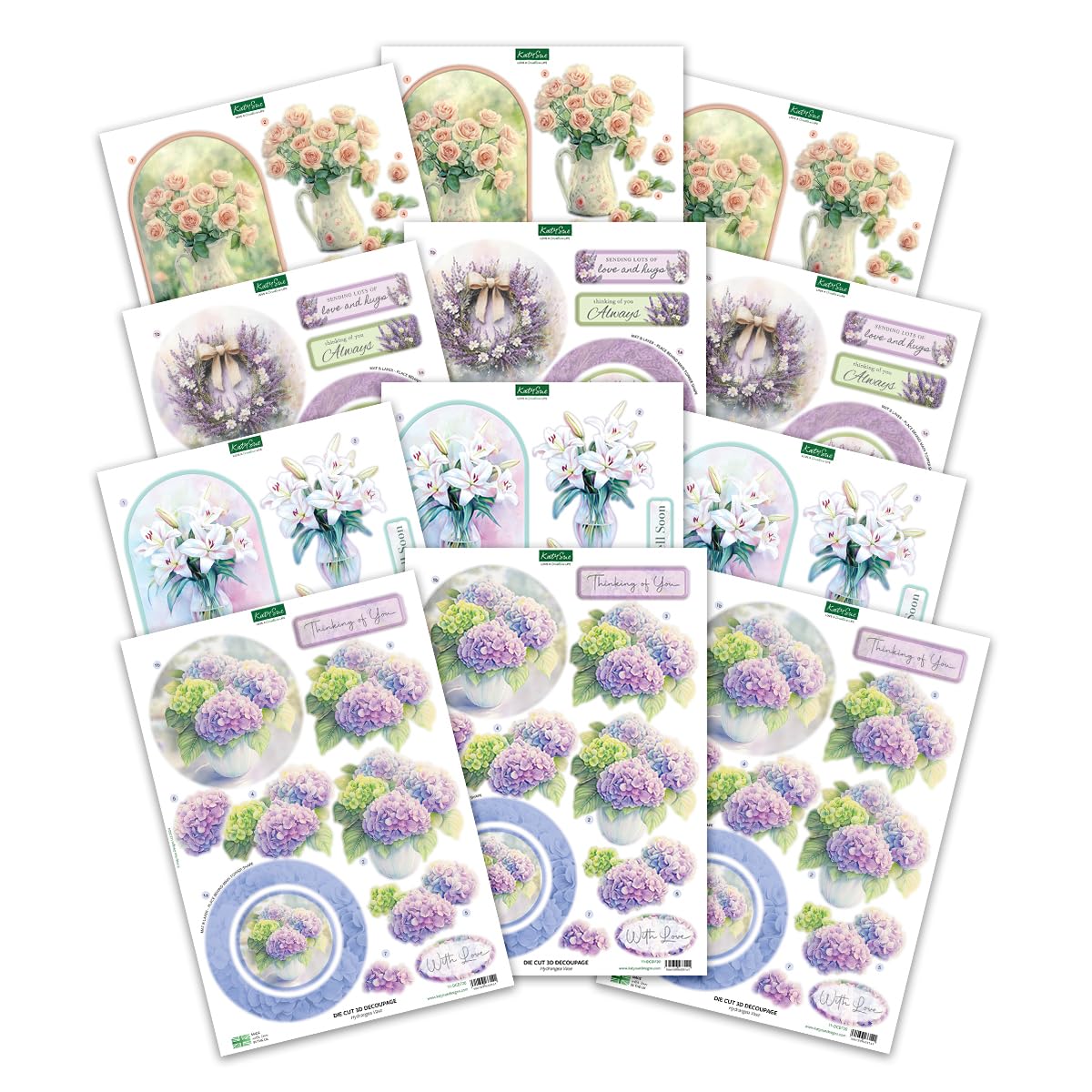 Katy Sue Designs Thinking of You 3D Die Cut Decoupage Collection for Card Making Supplies. Contains 12 Sheets of Katy Sue Die Cut Decoupage Featuring Lavender, Lillies, Hydrangea, and Roses