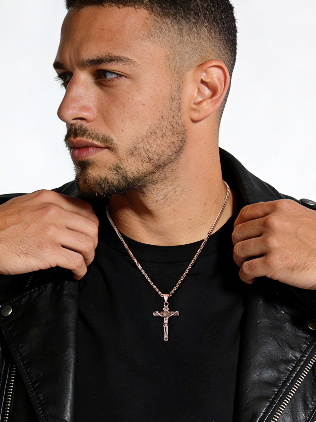 U7 Crucifix Cross Necklace Stainless Steel Crucifix Necklace Cross Pendant for Men with Rope Chain 22"(Rose Gold)