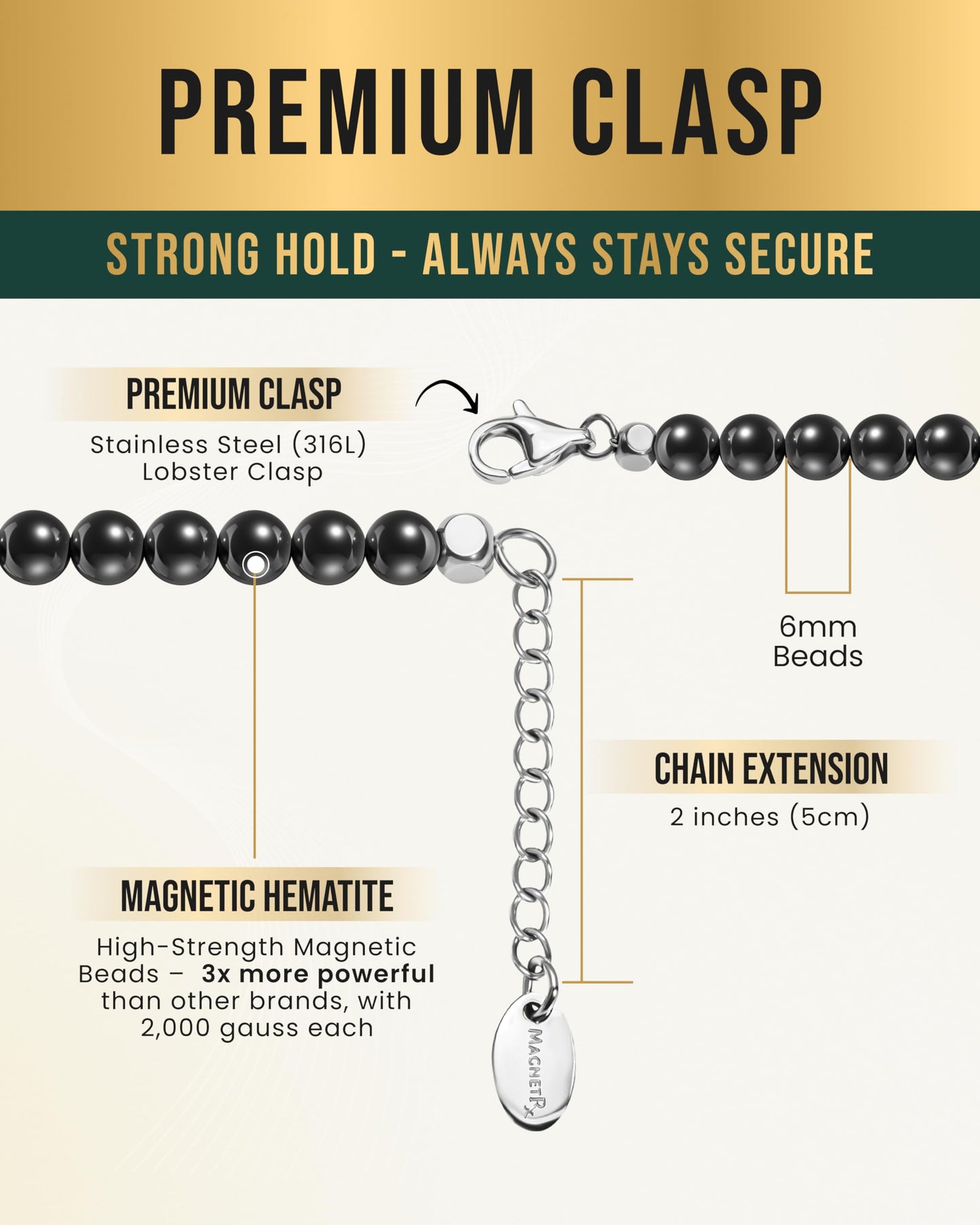MagnetRX® Magnetic Hematite Necklace – Ultra Strength Magnetic Hematite Stones – Unisex Beaded Necklaces for Men and Women (6mm Round Beads)