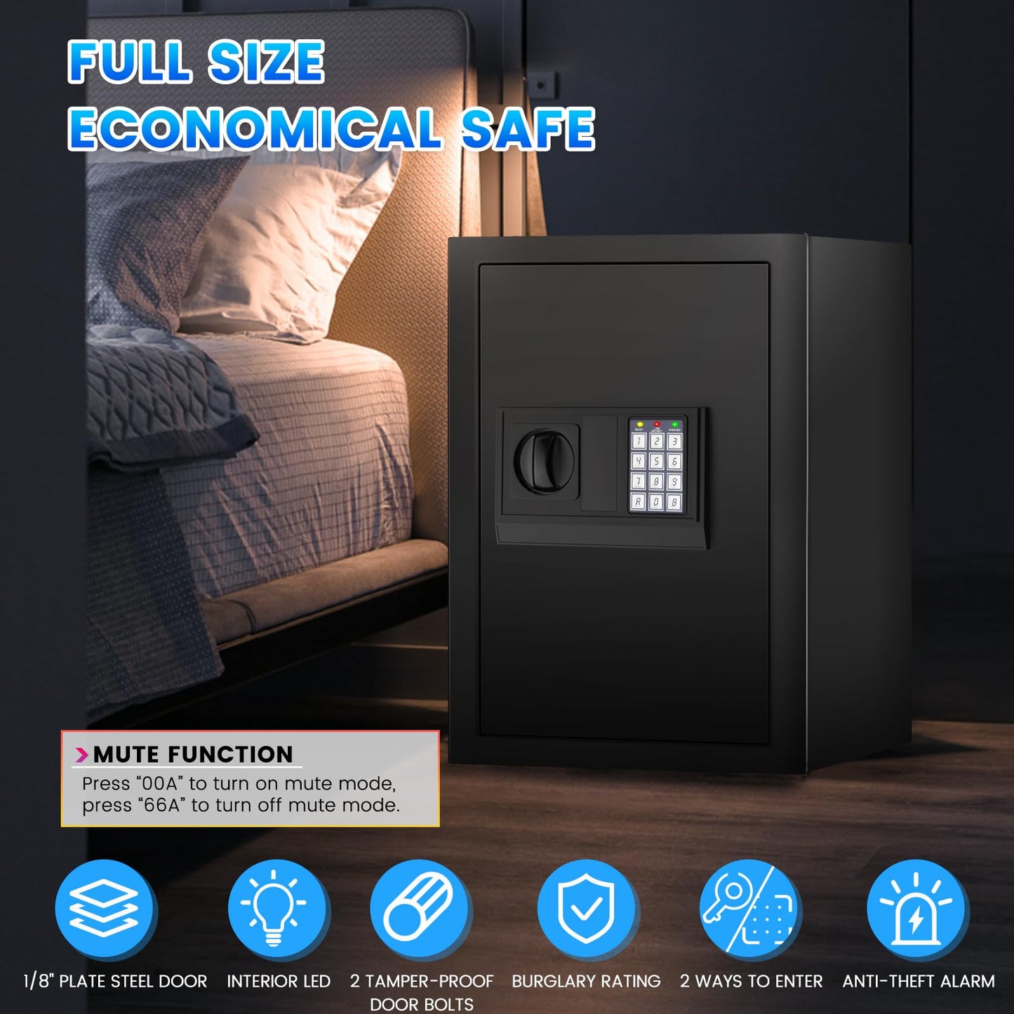 19.69 Inches Tall Safe Box, 3.3 Cuft Home Safe with Fireproof Waterproof Bag, Anti-Theft Digital Security Lock Box with Smart Alert System, Removable Shelf, Mute Function, Document Safes for Jewelry