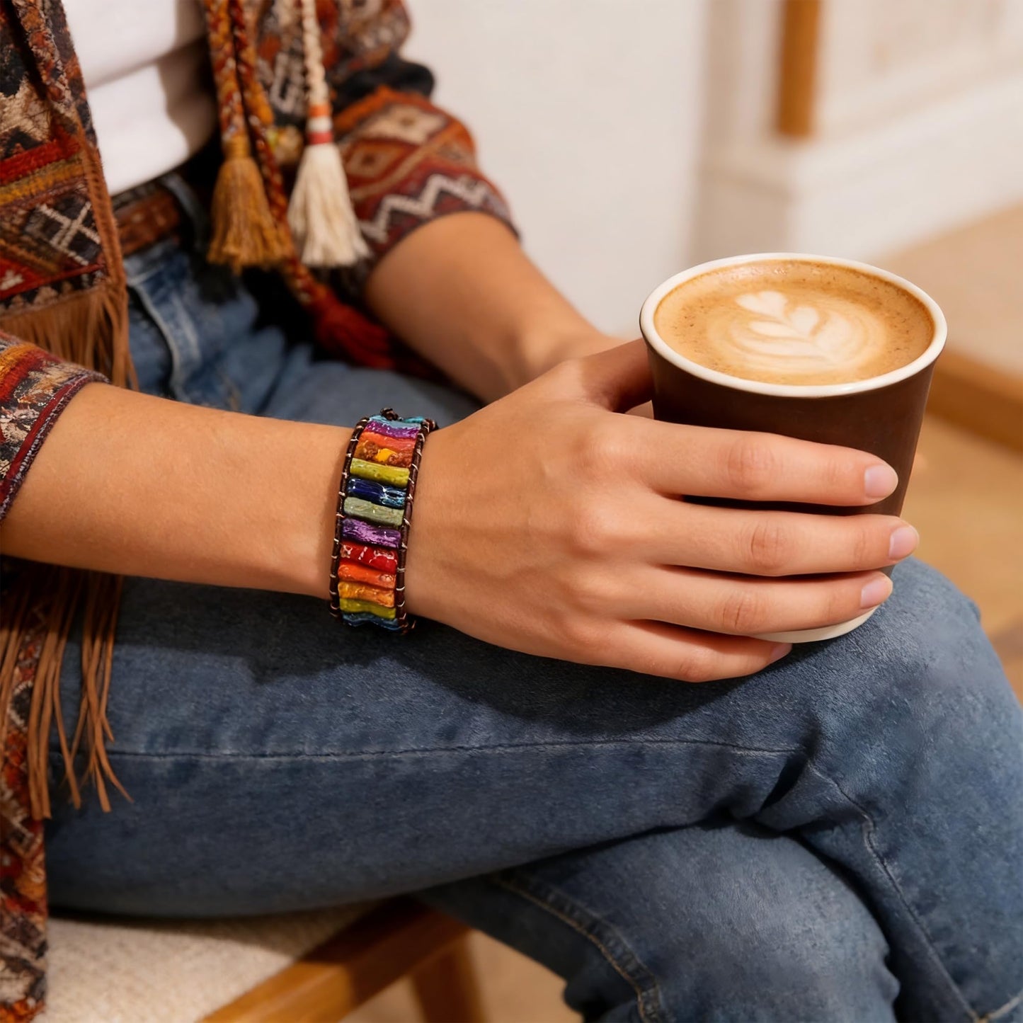 Plumiss Bohemian Rainbow Imperial Stone Bracelet - Adjustable Leather Wrap Chakra Bracelet for Women Men, Handmade Colorful Energy Stone Yoga Jewelry Gift