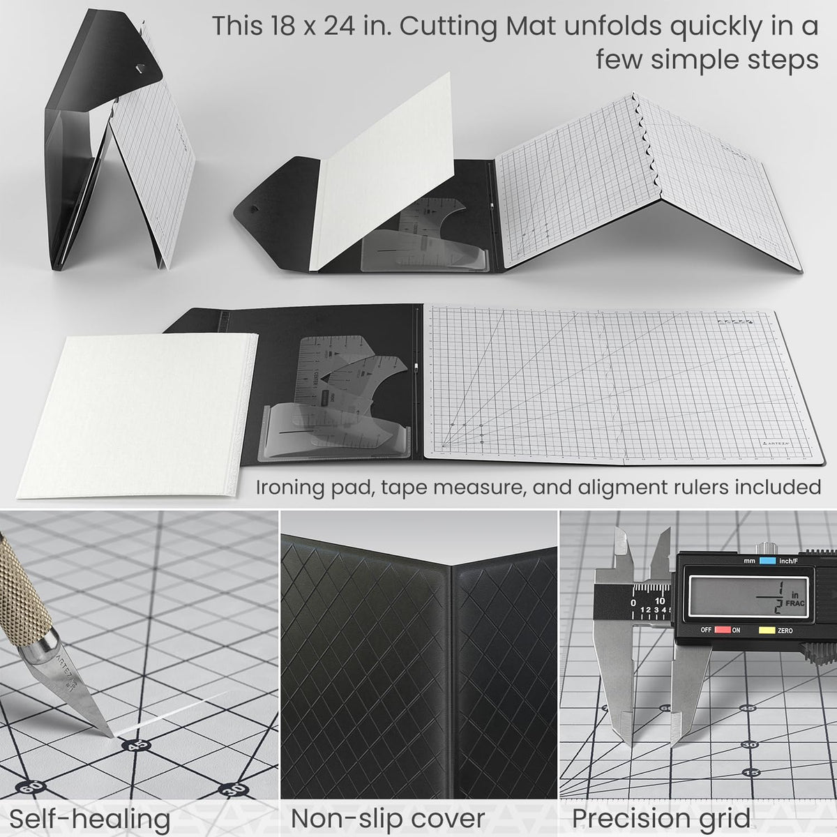 ARTEZA Fold & Stow Multifunctional Cutting Mat Set, 18x24 Inch, Self-Healing, Anti-Slip, with Detachable Ironing Pad, T-Shirt Alignment Rulers, and Tape Measure
