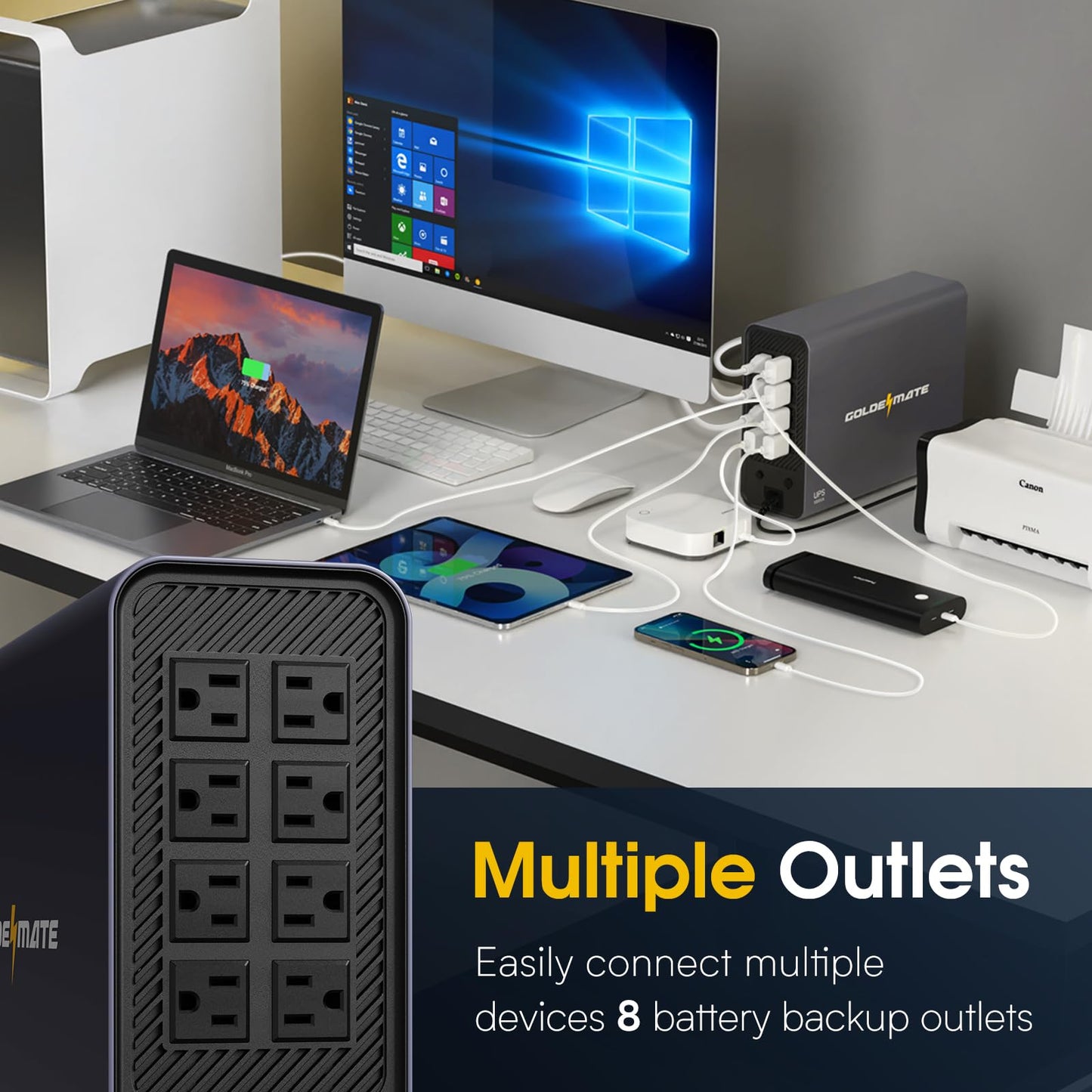 GOLDENMATE 1000VA/600W Lithium UPS Battery Backup and Surge Protector, Sinewave UPS System with LiFePO4 Battery(153.6 Wh), Updated Pro Ver. with USB Communication Port, 8 Outlets, LCD Display, Gray