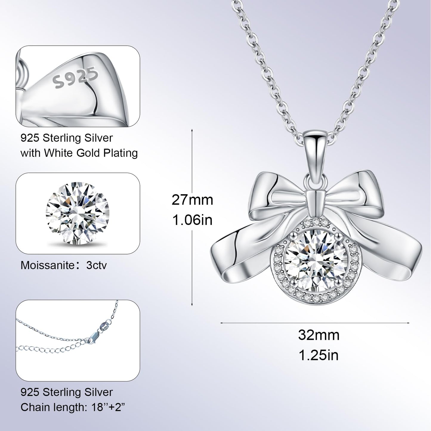 3 Carat Moissanite Necklace 925 Sterling Silver Jewelry 5A Cubic Zirconia Bow Pendant Necklace Gifts for Mom Women Girlfriend Grandma Lover Her Wedding Birthday Anniversary Engagement Valentine's Day