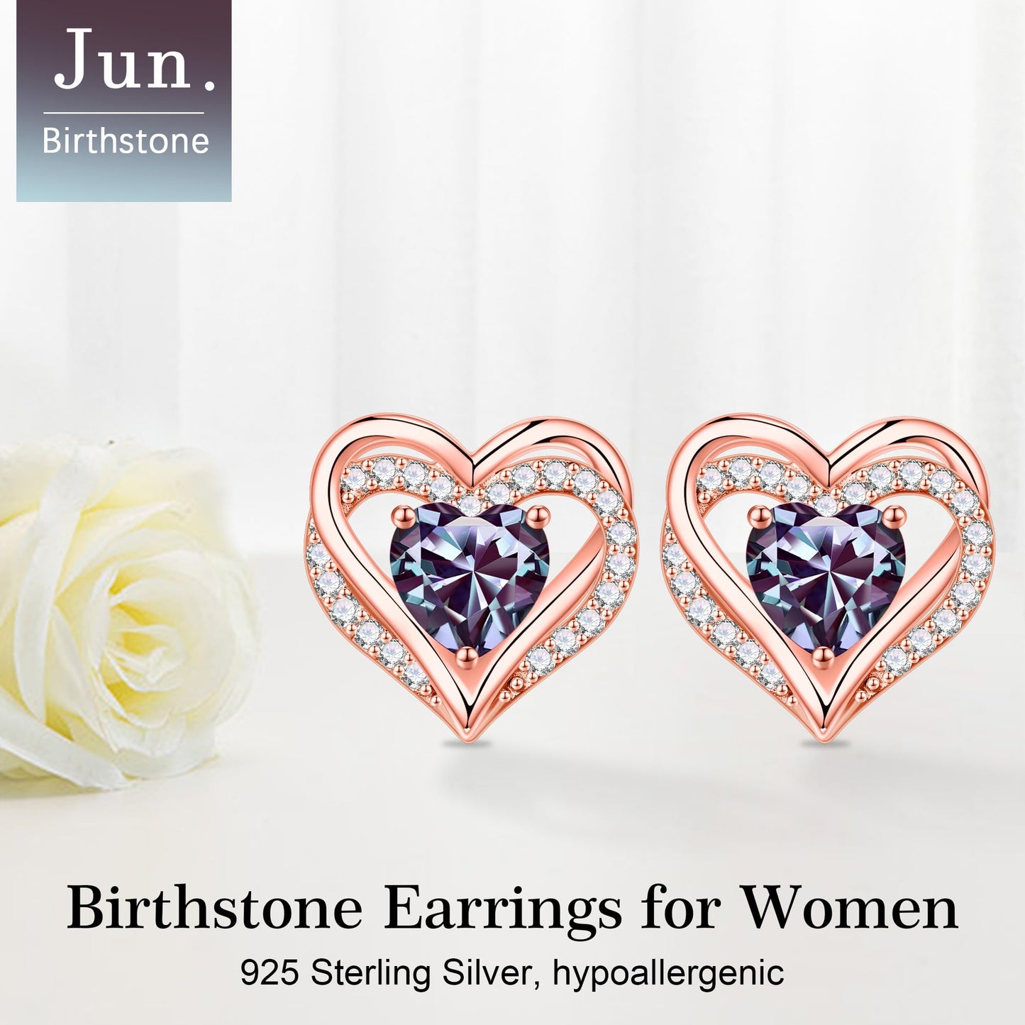 Iefil Heart Stud Earrings for Women, 925 Sterling Silver Rose-Gold-Plated June Birthstone Alexandrite Earrings for Women
