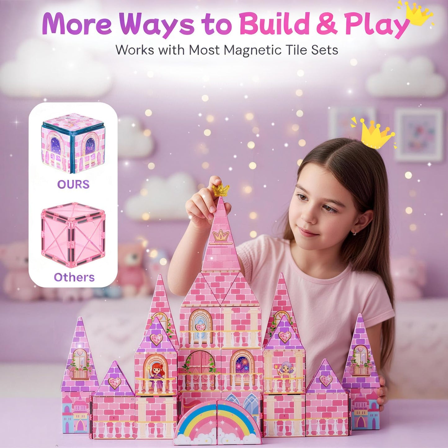 LATI Magnetic Tiles Princess Castle Building Toy for Kids, Double-Sided Magnetic Blocks for Day & Night Play, Open-Ended STEM Educational Toy, Compatible with Other Brands, Gift for Girls Ages 3–8