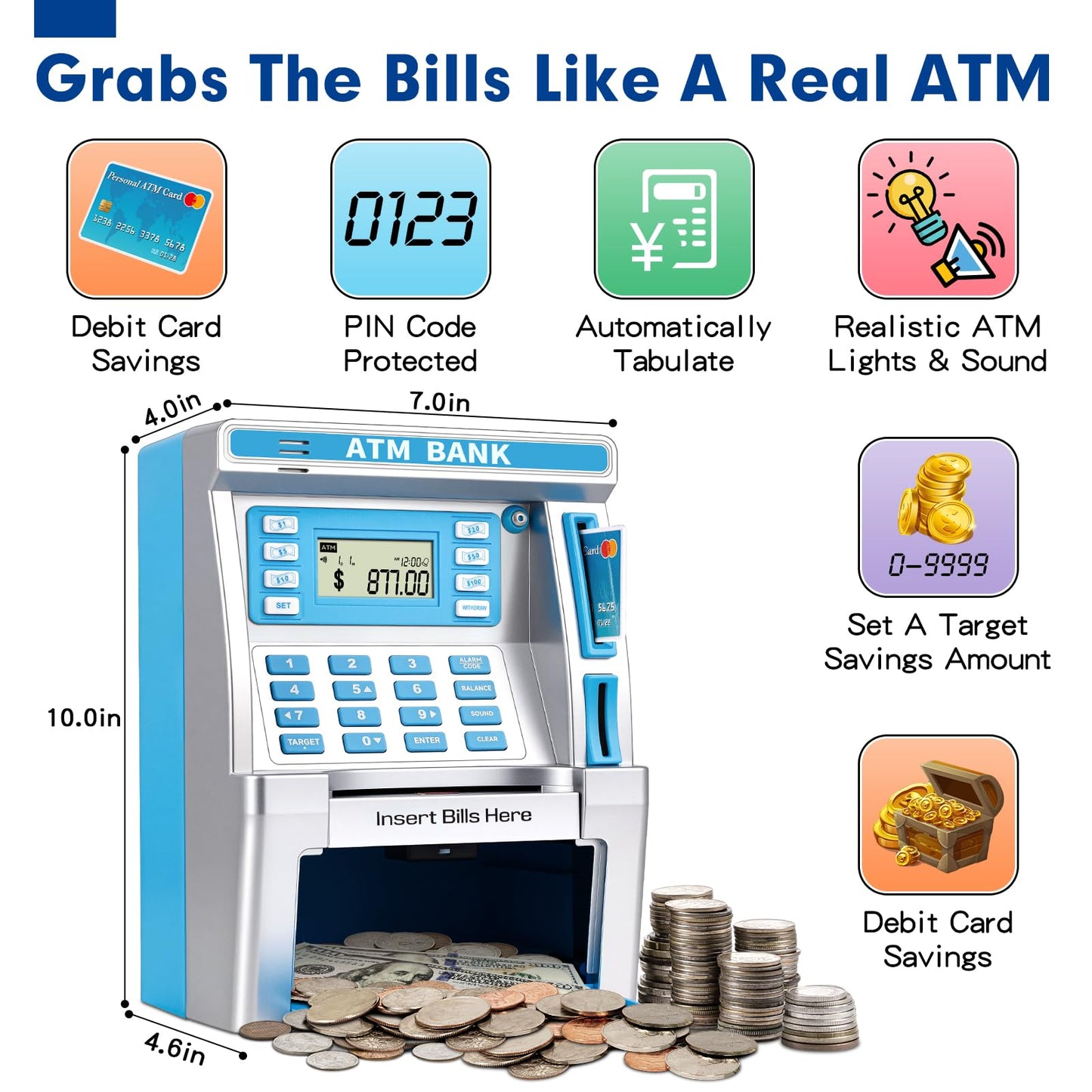BAODLON Blue Piggy Bank for Kids, ATM Machine Bank for Real Money with Debit Card, Bill Feeder, Coin Recognition, Balance Calculator, Electronic Savings Safe Box, Cool Stuff Toys Gifts for Teen Girl