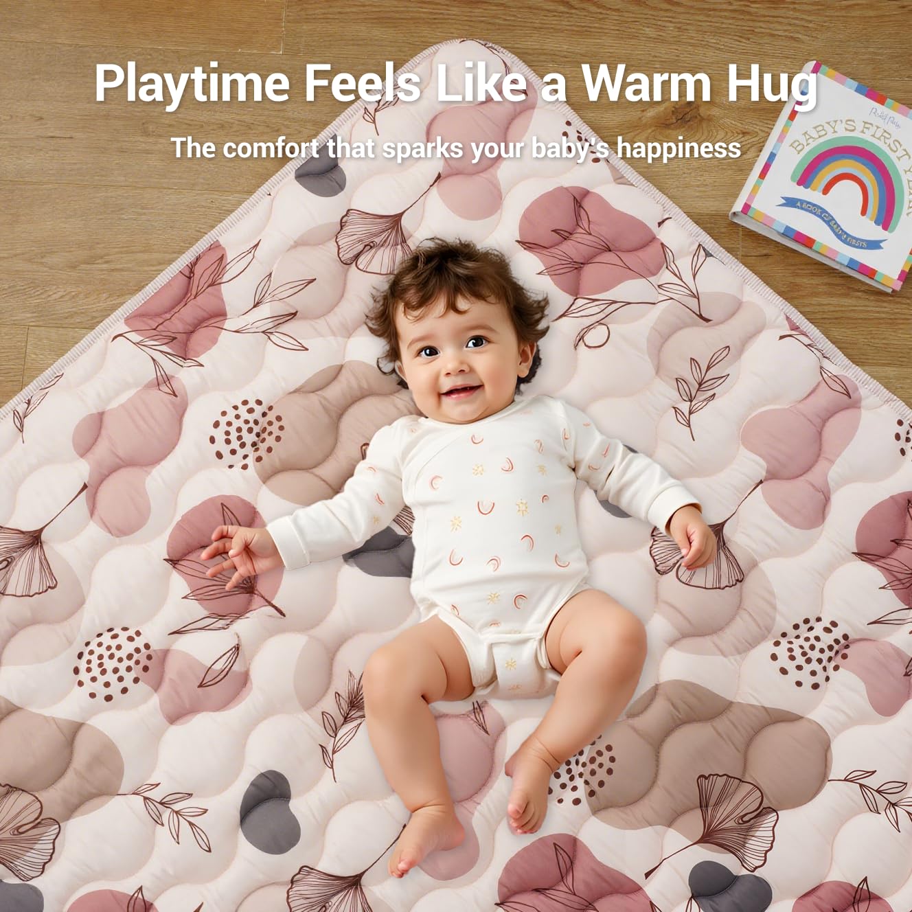 Bunnikins & Clover 50"x50" Thicken Soft Play Mat for Babies 0-6 Months, Foldable and Non Slip One-Piece Baby Crawling Mat, Washable Padded Foam Play Mat for Baby, Toddlers Infants, Tummy Time