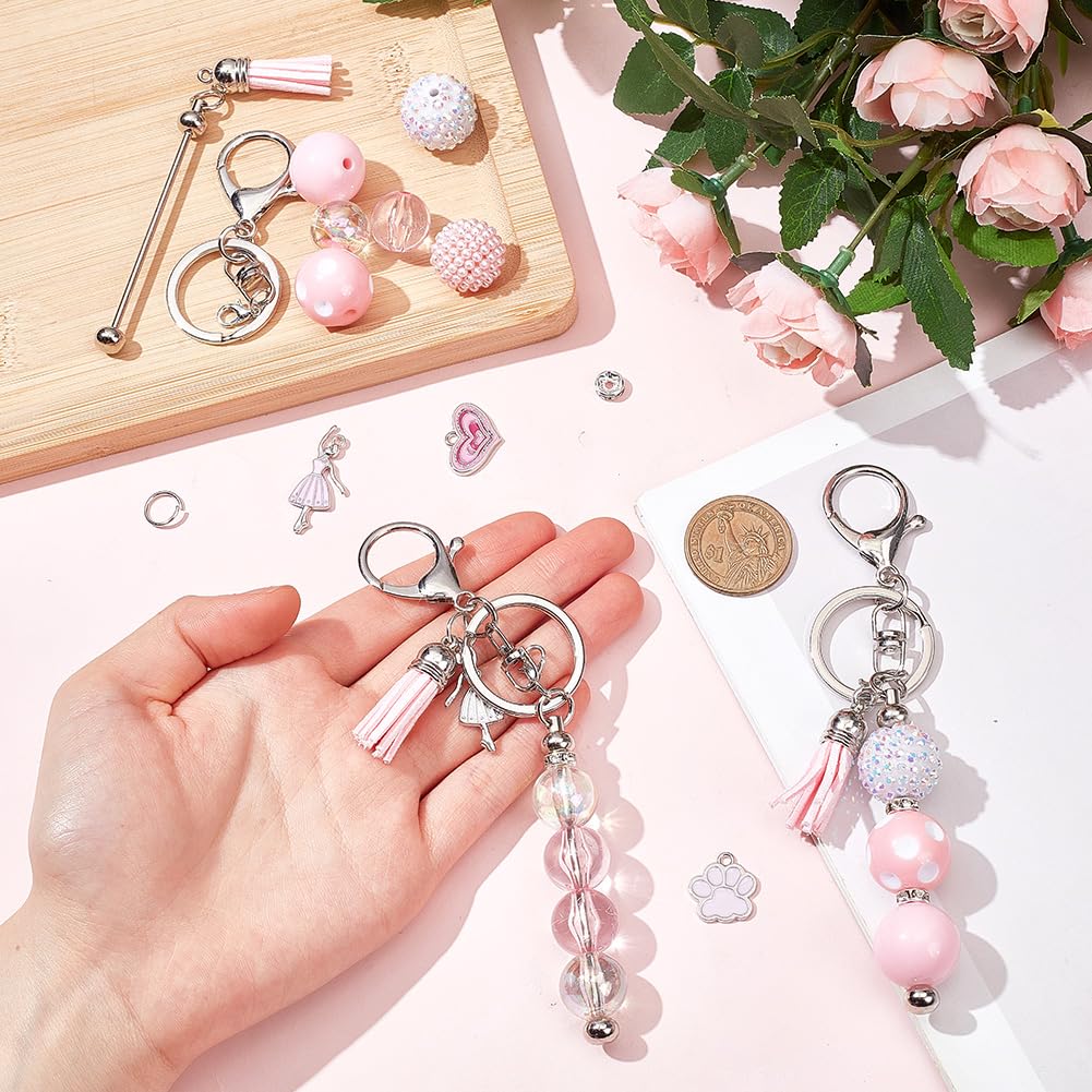 SUNNYCLUE DIY 6 Sets Valentines Day Keychain Making Kit Bead Keychain Bars Romantic Pink Charms Beadable Keychains Bar Keychain for Women Adults Gift Holiday Party Favor Office School Supplies