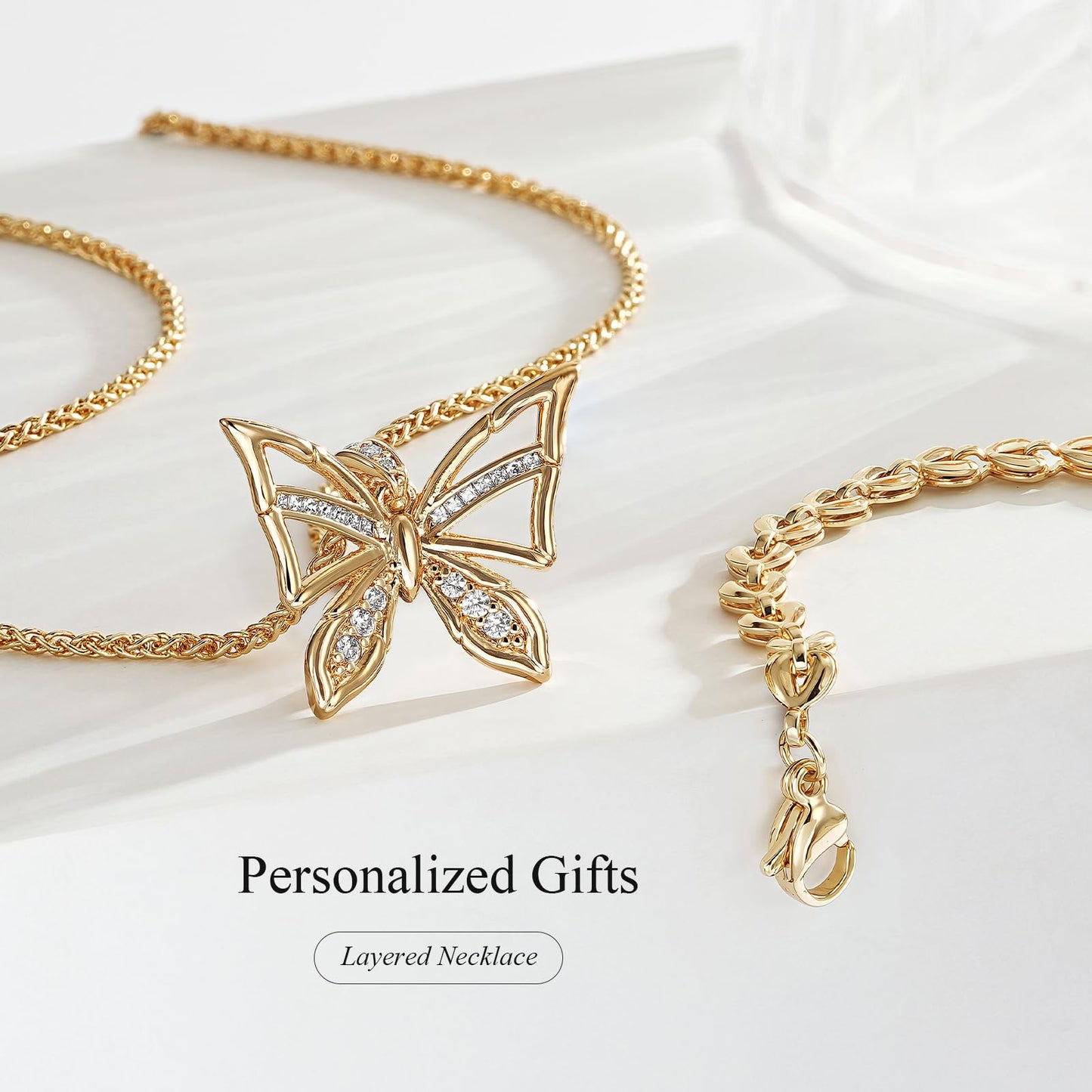 MEVECCO Gold Butterfly Layered Necklace for Women 18K Gold Plated Dainty CZ Charm Choker Chain Double Layer Pendant Necklace Stack Minimalist Handmade Layering Jewelry Set Gift