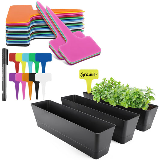 GREANER 100PCS Plant Identification Stakes and 3PCS Long Window Boxes Planters, 4 Inch Colorful Plastic Plant Tags with Marker Pen, 16x3.8 Inch Rectangle Pot for Balcony, Office, Garden, Outdoor