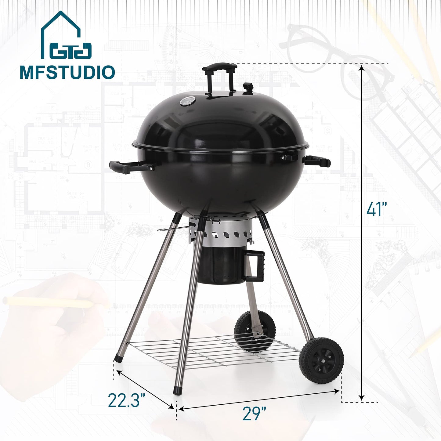 MFSTUDIO 22" Kettle Charcoal Grill, Portable Porcelain-Enameled BBQ Grill with Slide Out Ash Catcher for Outdoor Barbecue Cooking, Black