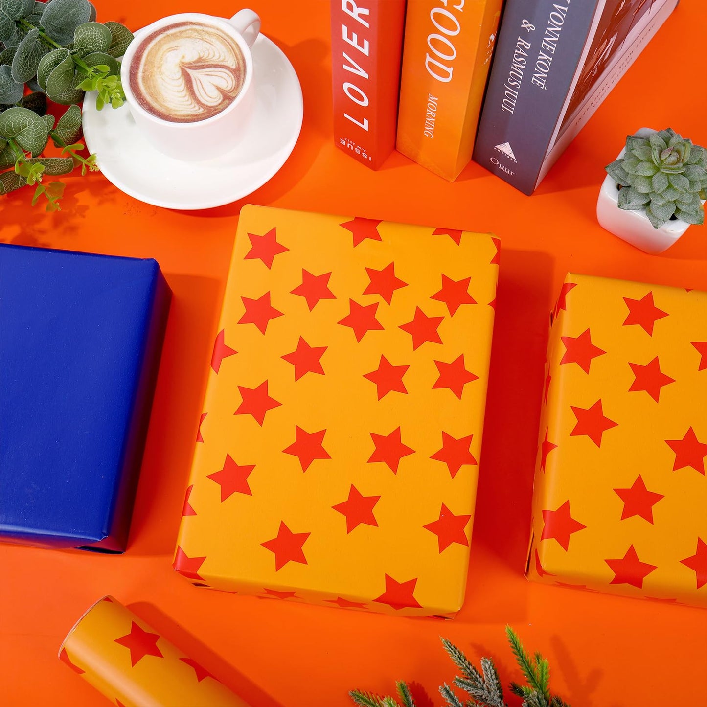 JarThenaAMCS Anime Theme Wrapping Paper -Mini Roll- 17 Inch x 32.8Ft Blue Orange Star Gift Wrap Art Paper for Cartoon Animation Birthday Baby Shower Supplies