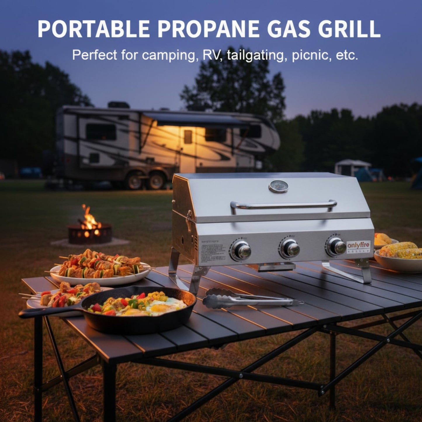 Tabletop Gas Grill 3 Burners, Portable Propane BBQ Grill with Foldable Legs & 22" Stainless Steel Grate for Outdoor Patio Backyard Barbecue, Camping Tailgating RV, 24000BTU High Output, Classic GS307