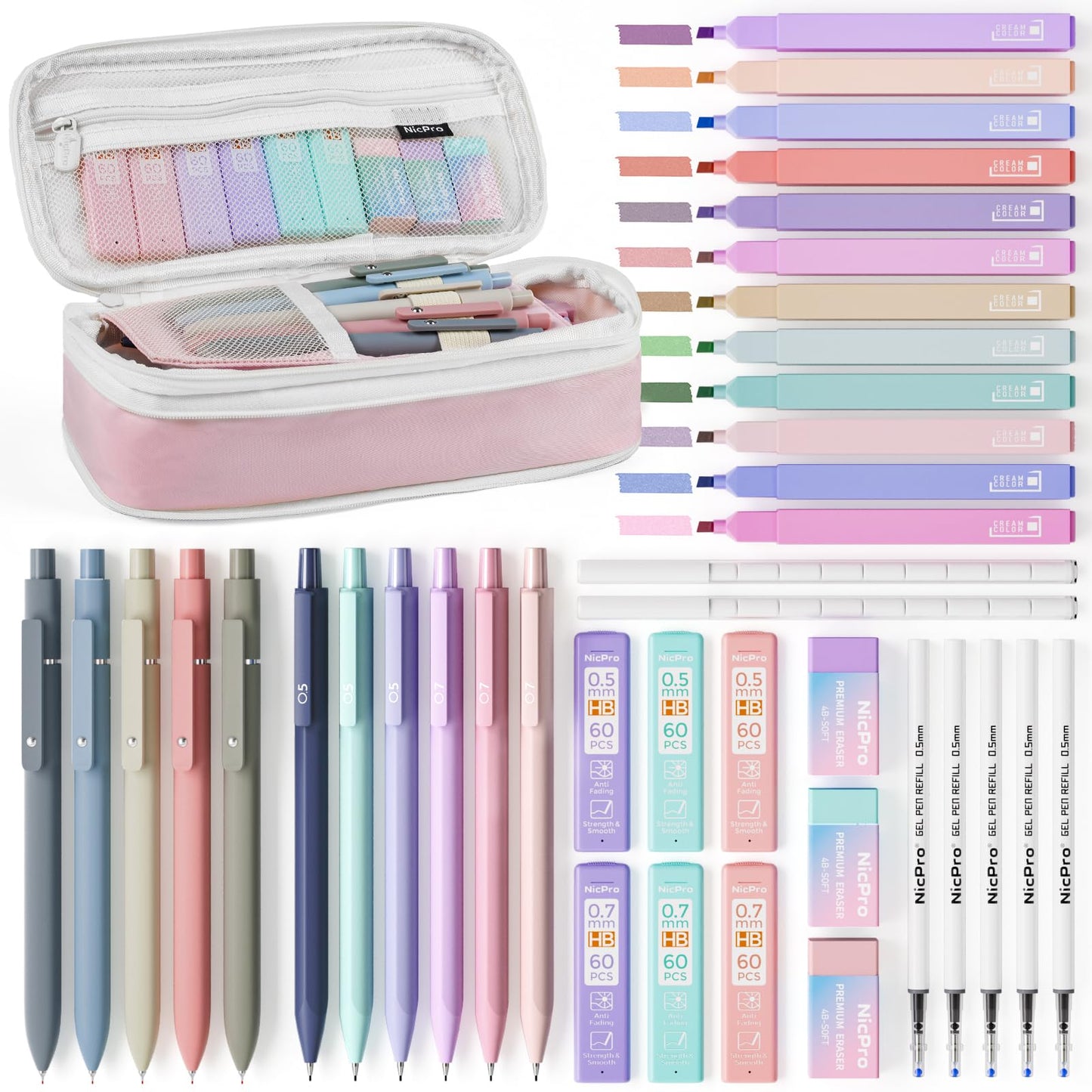 Nicpro 39 PCS Aesthetic School Supplies with Big Capacity Pen Case, 12 Color Pastel Highlighters, 5 Quick Dry Retractable Black Ink Pens, 6 Pastel Mechanical Pencil 0.5 & 0.7 mm for Student Stationary