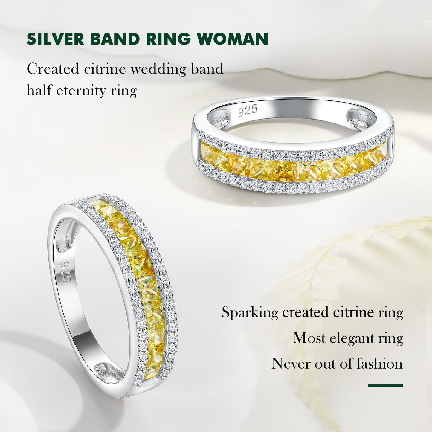 RANDES 925 Sterling Silver Citrine Ring Half Eternity Band Rings for Women Channel Set Princess Cut Yellow November Birthstone Ring Size 9