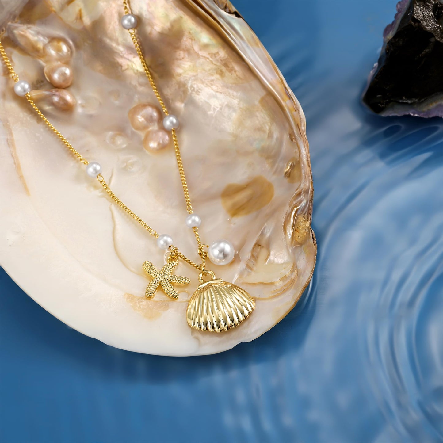 Picuzzy 14K Gold Plated Starfish Seashell Pendant Necklace for Women Trendy, Sea Star Fish Shell Beach Necklace Ocean Coastal Tropical Nautical Vacation Summer Jewelry Pearl Accessories for Women