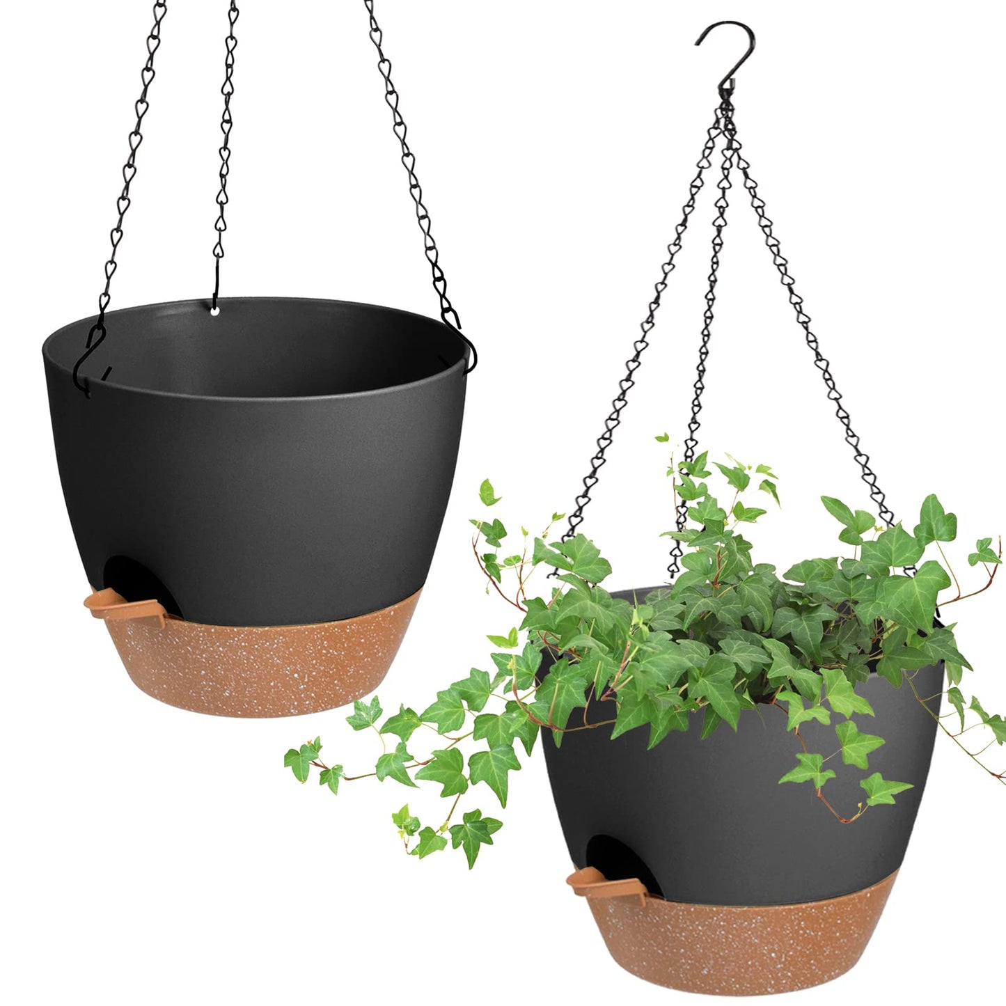 Vanslogreen Hanging Planters for Indoor Outdoor Plants, 2 Pack Self Watering Hanging Pot with Drainage Holes & Removable Tray (Black, 10'')