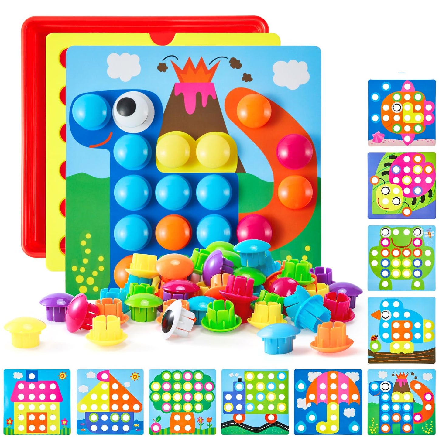 Geekper 68PCS Button Art Toys for Toddlers Color Matching Mosaic Pegboard, Early Learning Educational Toys for 3, 4, 5, 6 Year Old Kids Boys and Girls Easter Gifts, 10 Pictures and 58 Buttons