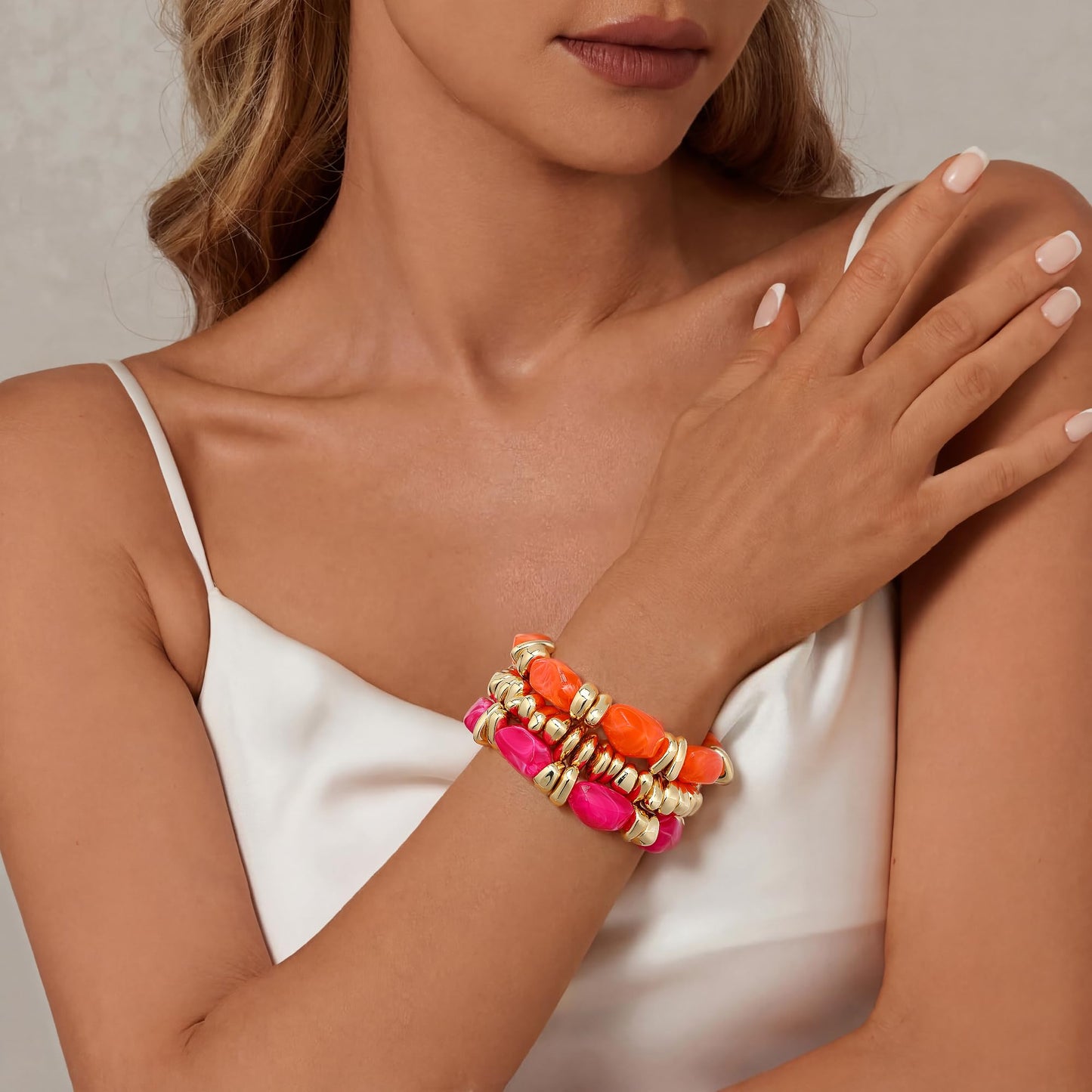 Sajidos Gold Plated Beaded Bracelets for Women Trendy, 14K Gold Plated Stack Cross Pearl Gold Plated Bead Stretch Bracelets Set Elastic Hypoallergenic Bracelets Jewelry Gifts (style13-orangepeachred)