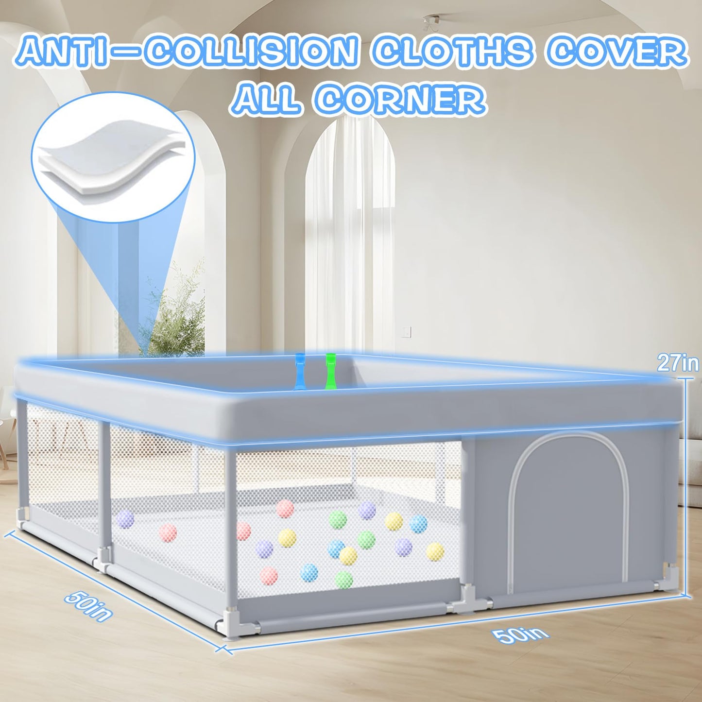 XVISHX Baby Playpen 50 x 50 Inch Play Pen Playards, Playpen for Babies and Toddlers, Baby Playard for Indoor & Outdoor Active Center Game Fence, with Skin-Friendly Fabric and Soft Breathable Mesh Grey