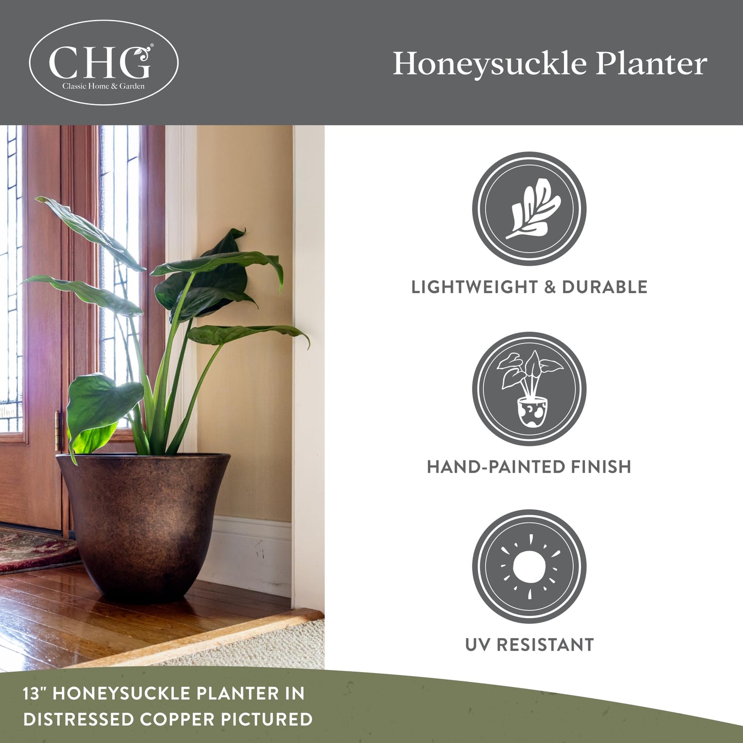 Classic Home and Garden by Growscape Honeysuckle Resin Planters - Lightweight Indoor & Outdoor Plant Pots - UV-Resistant Plastic Flower Pots - Pot Planters for Flowers & Herbs (13", Blue Jean)