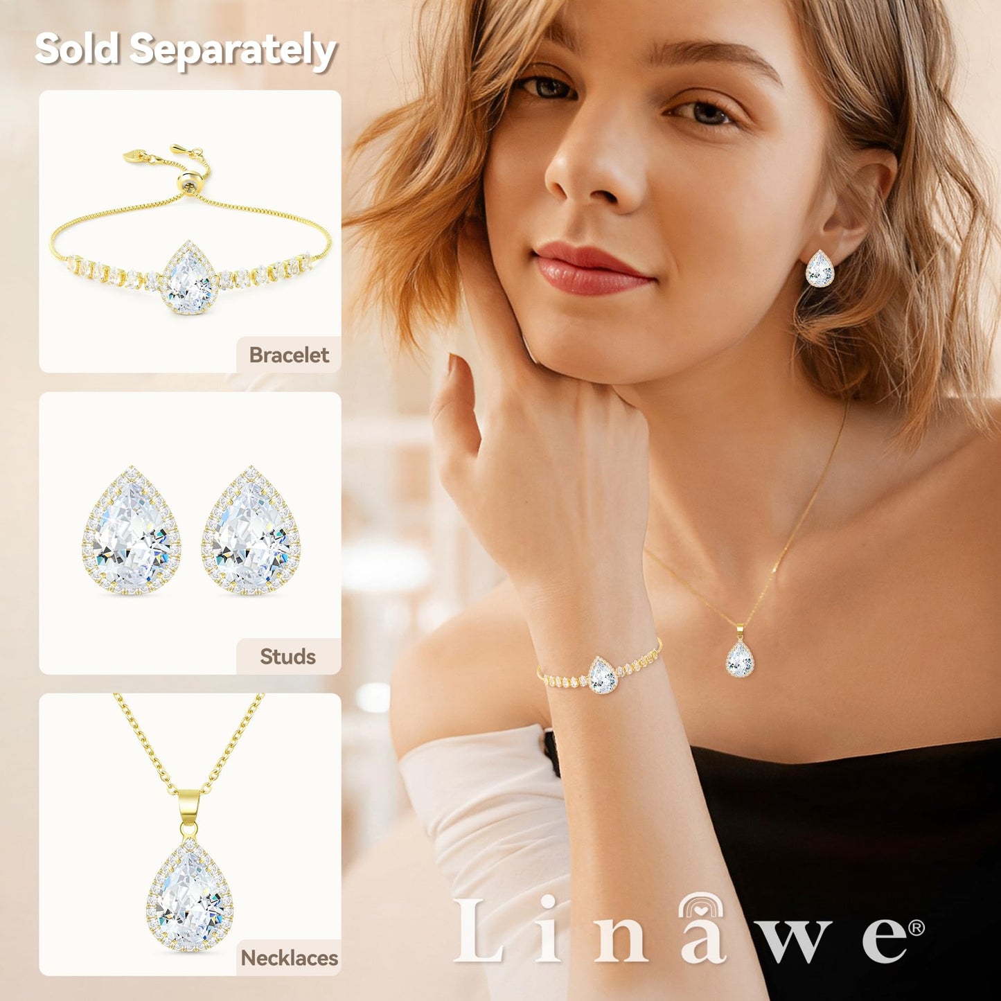Linawe Gold Stud Earrings Imitation Diamond Moissanite Wedding Earrings Set, Cubic Zirconia Earrings Studs for Women, Teardrop Rhinestone Crystal Cartilage Earring Piercing Jewelry