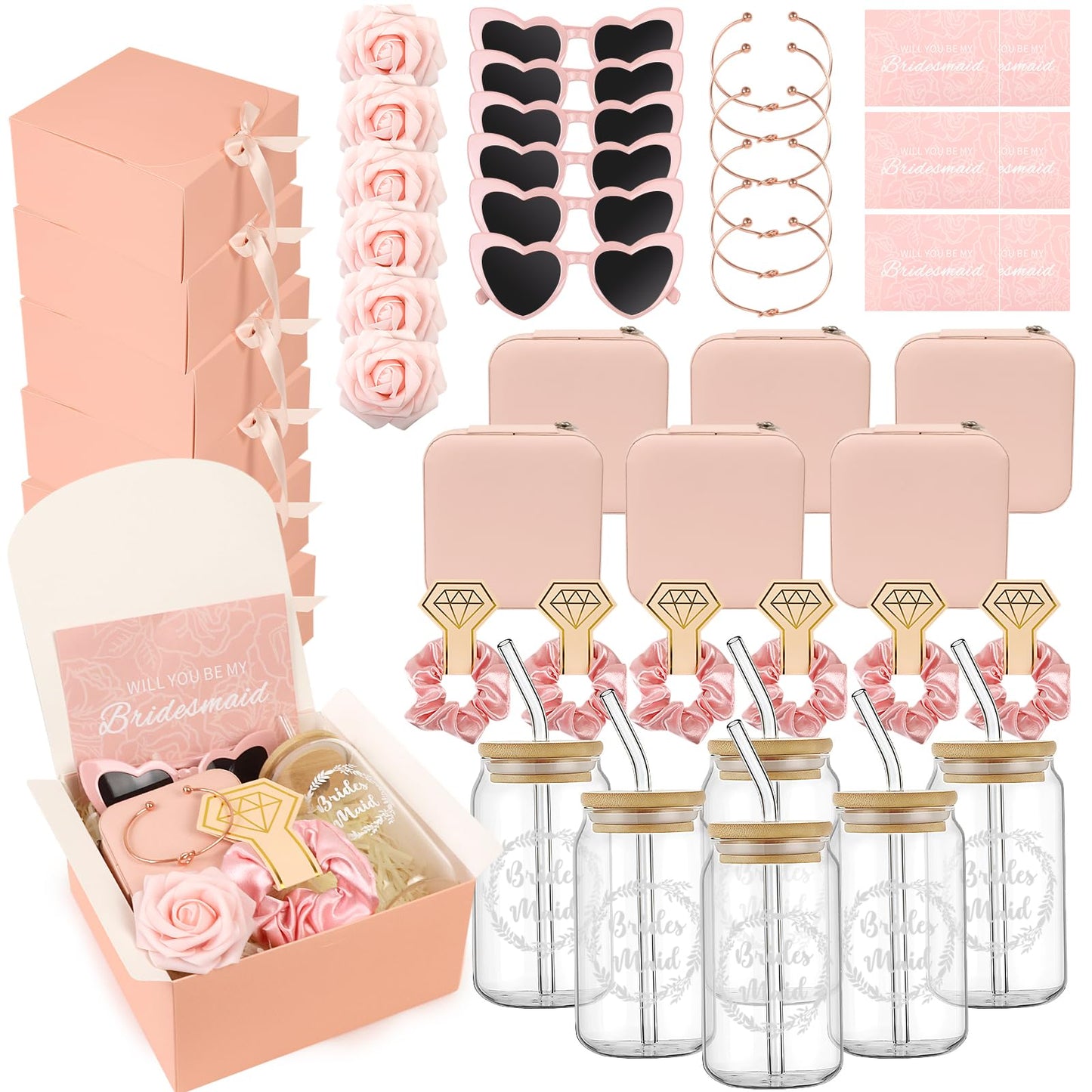 HOMENERGY Bridesmaid Proposal Gifts Set 6 - "Will You Be My Bridesmaid Kit with Elegant Box Jewelry Box Glass Cup Invited Cards Knotted Bracelets Sunglasses Scrunchies Raffia Grass Pink 54 Pcs