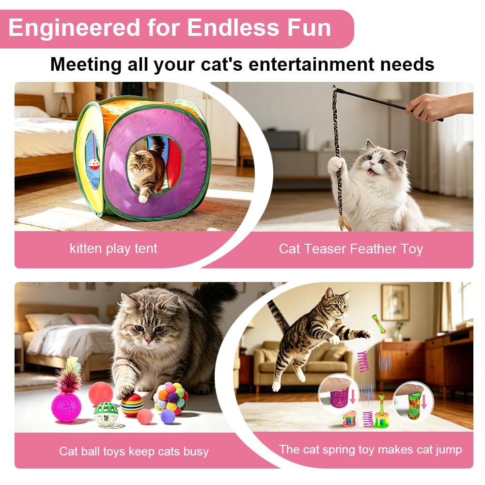 Retro Shaw Cat Toys Pack 33Pcs, Interactive Kitten Toys for Indoor Kittens Cats, Collapsible Kitty Play Tunnel Tent Feather Wand Balls Bell Springs Mouse Kitty Toys for All Breeds 15.7 Inches