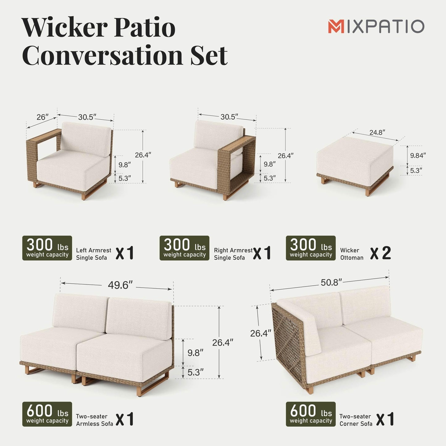 MIXPATIO 8 Pieces Outdoor Patio Furniture Set, Wicker Rattan Modular Sofa Couch, Sectional Patio Conversation Set with 10" Extra Thick Cushions for Deck Backyard Lawn